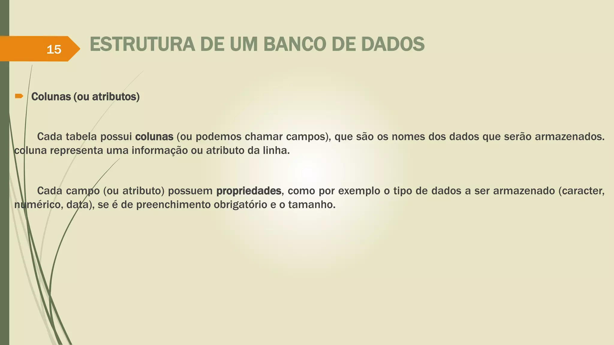 ESTRUTURA DE UM BANCO DE DADOS 
15 
 Colunas (ou atributos) 
Cada tabela possui colunas (ou podemos chamar campos), que são os nomes dos dados que serão armazenados. 
coluna representa uma informação ou atributo da linha. 
Cada campo (ou atributo) possuem propriedades, como por exemplo o tipo de dados a ser armazenado (caracter, 
numérico, data), se é de preenchimento obrigatório e o tamanho. 
 