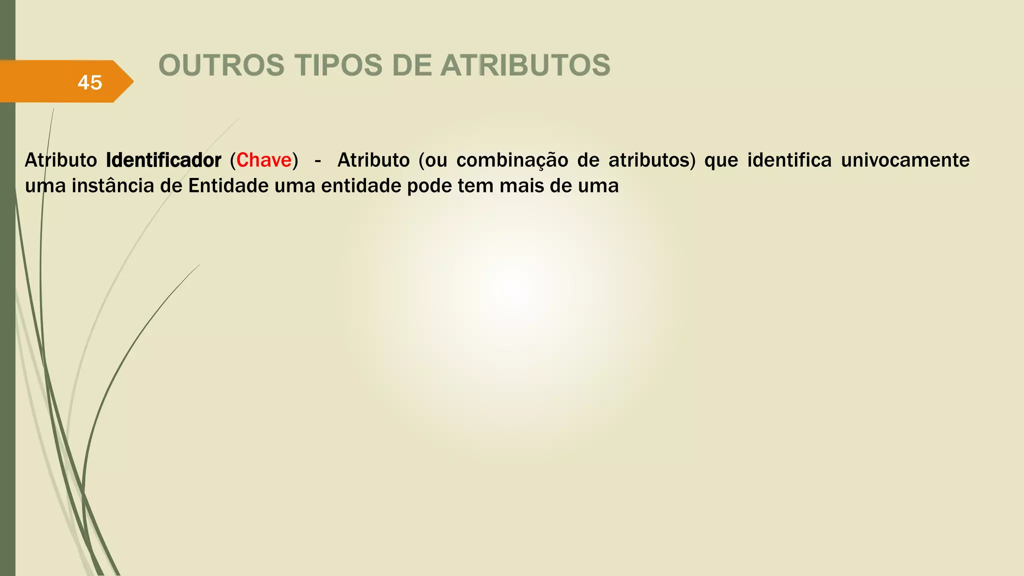 OUTROS TIPOS DE ATRIBUTOS 
45 
Atributo Identificador (Chave) - Atributo (ou combinação de atributos) que identifica univocamente 
uma instância de Entidade uma entidade pode tem mais de uma 
 