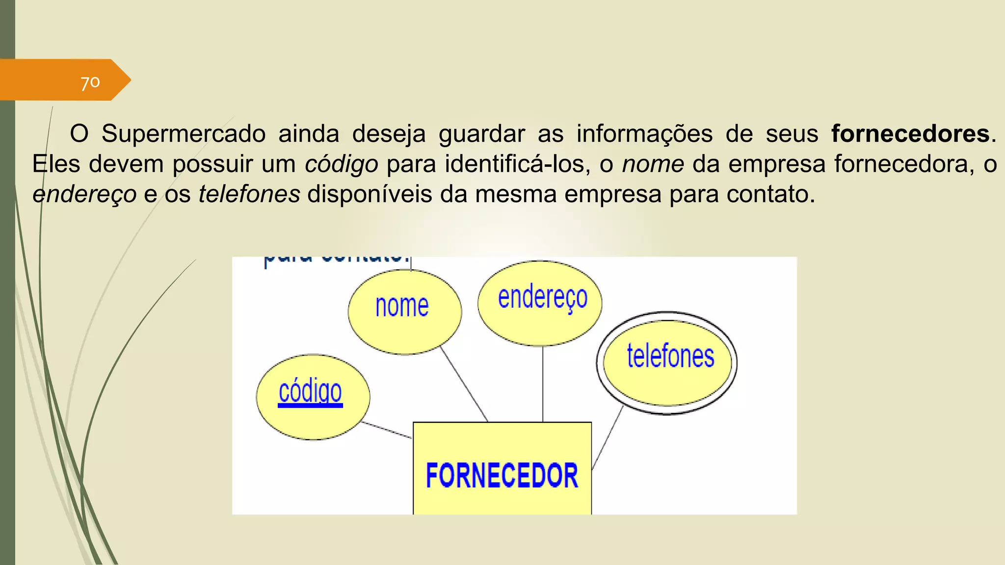 70 
O Supermercado ainda deseja guardar as informações de seus fornecedores. 
Eles devem possuir um código para identificá-los, o nome da empresa fornecedora, o 
endereço e os telefones disponíveis da mesma empresa para contato. 
 