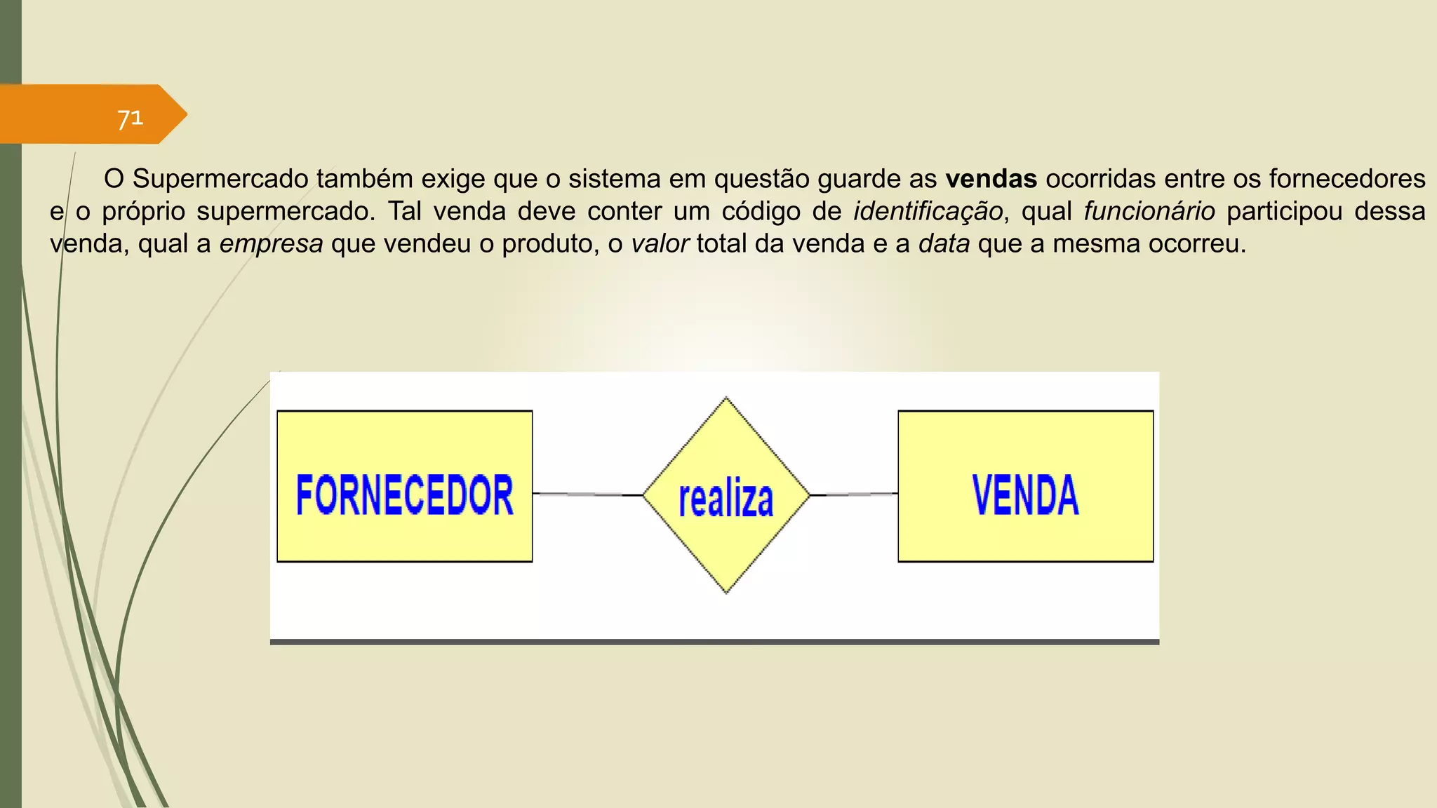 71 
O Supermercado também exige que o sistema em questão guarde as vendas ocorridas entre os fornecedores 
e o próprio supermercado. Tal venda deve conter um código de identificação, qual funcionário participou dessa 
venda, qual a empresa que vendeu o produto, o valor total da venda e a data que a mesma ocorreu. 
 