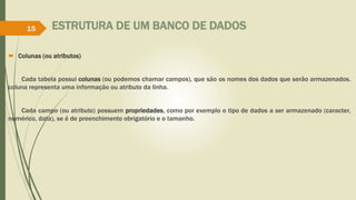 ESTRUTURA DE UM BANCO DE DADOS 
15 
 Colunas (ou atributos) 
Cada tabela possui colunas (ou podemos chamar campos), que são os nomes dos dados que serão armazenados. 
coluna representa uma informação ou atributo da linha. 
Cada campo (ou atributo) possuem propriedades, como por exemplo o tipo de dados a ser armazenado (caracter, 
numérico, data), se é de preenchimento obrigatório e o tamanho. 
 