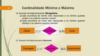 58 Cardinalidade Mínima e Máxima 
 Exemplo de Relacionamento Obrigatório: 
 cada ocorrência de cliente está relacionado a no mínimo quantas 
contas e no máximo quantas contas? 
 Cada ocorrência de conta está relacionada a no mínimo quantos 
clientes e no máximo quantos clientes? 
Cliente (1,1) ContaCliente (1,N) Conta 
 Exemplo de Relacionamento Opcional: 
Empregado (1,1) Gerencia (0,1) Departamento 
 