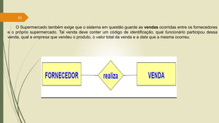71 
O Supermercado também exige que o sistema em questão guarde as vendas ocorridas entre os fornecedores 
e o próprio supermercado. Tal venda deve conter um código de identificação, qual funcionário participou dessa 
venda, qual a empresa que vendeu o produto, o valor total da venda e a data que a mesma ocorreu. 
 