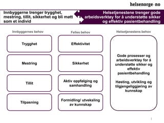 Innbyggerne trenger trygghet, 
mestring, tillit, sikkerhet og bli møtt 
som et individ 
Helsetjenestene trenger gode 
arbeidsverktøy for å understøtte sikker 
og effektiv pasientbehandling 
Innbyggernes behov Felles behov Helsetjenestens behov 
Trygghet 
Mestring 
Tillit 
Tilpasning 
Effektivitet 
Sikkerhet 
Aktiv oppfølging og 
samhandling 
Formidling/ utveksling 
av kunnskap 
Gode prosesser og 
arbeidsverktøy for å 
understøtte sikker og 
effektiv 
pasientbehandling 
Høsting, utvikling og 
tilgjengeliggjøring av 
kunnskap 
 
