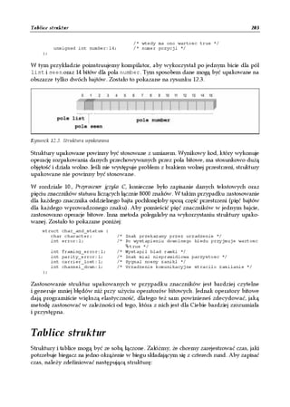 Tablice struktur                                                                        203

                                         /* wtedy ma ono wartosc true */
          unsigned int number:14;        /* numer pozycji */
    };

W tym przykładzie poinstruujemy kompilator, aby wykorzystał po jednym bicie dla pól
list i seen oraz 14 bitów dla pola number. Tym sposobem dane mogą być upakowane na
obszarze tylko dwóch bajtów. Zostało to pokazane na rysunku 12.3.




Rysunek 12.3. Struktura upakowana

Struktury upakowane powinny być stosowane z umiarem. Wynikowy kod, który wykonuje
operację rozpakowania danych przechowywanych przez pola bitowe, ma stosunkowo dużą
objętość i działa wolno. Jeśli nie występuje problem z brakiem wolnej przestrzeni, struktury
upakowane nie powinny być stosowane.

W rozdziale 10., Preprocesor języka C, konieczne było zapisanie danych tekstowych oraz
pięciu znaczników statusu liczących łącznie 8000 znaków. W takim przypadku zastosowanie
dla każdego znacznika oddzielnego bajta pochłonęłoby sporą część przestrzeni (pięć bajtów
dla każdego wprowadzonego znaku). Aby pomieścić pięć znaczników w jednym bajcie,
zastosowano operacje bitowe. Inna metoda polegałaby na wykorzystaniu struktury upako-
wanej. Zostało to pokazane poniżej:
    struct char_and_status {
       char character;              /* Znak przekazany przez urzadzenie */
       int error:1;                 /* Po wystapieniu dowolnego bledu przyjmuje wartosc
                                         true */
         int   framing_error:1;     /* Wystapil blad ramki */
         int   parity_error:1;      /* Znak mial nieprawidlowa parzystosc */
         int   carrier_lost:1;      /* Sygnal nosny zanikl */
         int   channel_down:1;      /* Urzadzenie komunikacyjne stracilo zasilanie */
    };

Zastosowanie struktur upakowanych w przypadku znaczników jest bardziej czytelne
i generuje mniej błędów niż przy użyciu operatorów bitowych. Jednak operatory bitowe
dają programiście większą elastyczność, dlatego też sam powinieneś zdecydować, jaką
metodę zastosować w zależności od tego, która z nich jest dla Ciebie bardziej zrozumiała
i przystępna.


Tablice struktur
Struktury i tablice mogą być ze sobą łączone. Załóżmy, że chcemy zarejestrować czas, jaki
potrzebuje biegacz na jedno okrążenie w biegu składającym się z czterech rund. Aby zapisać
czas, należy zdefiniować następującą strukturę:
 