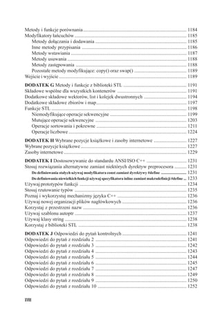 Metody i funkcje porównania ..................................................................................... 1184
Modyfikatory łańcuchów ............................................................................................ 1185
  Metody dołączania i dodawania ........................................................................... 1185
  Inne metody przypisania ...................................................................................... 1186
  Metody wstawiania ............................................................................................... 1187
  Metody usuwania .................................................................................................. 1188
  Metody zastępowania ........................................................................................... 1188
  Pozostałe metody modyfikujące: copy() oraz swap() ........................................... 1189
Wejście i wyjście ......................................................................................................... 1189
DODATEK G Metody i funkcje z biblioteki STL .................................................... 1191
Składowe wspólne dla wszystkich kontenerów ......................................................... 1191
Dodatkowe składowe wektorów, list i kolejek dwustronnych ................................... 1194
Dodatkowe składowe zbiorów i map .......................................................................... 1197
Funkcje STL ............................................................................................................... 1198
   Niemodyfikujące operacje sekwencyjne ............................................................... 1199
   Mutujące operacje sekwencyjne ........................................................................... 1203
   Operacje sortowania i pokrewne .......................................................................... 1211
   Operacje liczbowe ................................................................................................. 1224
DODATEK H Wybrane pozycje książkowe i zasoby internetowe ........................... 1227
Wybrane pozycje książkowe ....................................................................................... 1227
Zasoby internetowe ..................................................................................................... 1229
DODATEK I Dostosowywanie do standardu ANSI/ISO C++ ................................. 1231
Stosuj rozwiązania alternatywne zamiast niektórych dyrektyw preprocesora .......... 1231
   Do definiowania stałych używaj modyfikatora const zamiast dyrektywy #define .......................... 1231
   Do definiowania niewielkich funkcji używaj specyfikatora inline zamiast makrodefinicji #define ... 1233
Używaj prototypów funkcji ........................................................................................ 1234
Stosuj rzutowanie typów ............................................................................................ 1235
Poznaj i wykorzystuj mechanizmy języka C++ ......................................................... 1236
Używaj nowej organizacji plików nagłówkowych ..................................................... 1236
Korzystaj z przestrzeni nazw ..................................................................................... 1236
Używaj szablonu autoptr ............................................................................................ 1237
Używaj klasy string .................................................................................................... 1238
Korzystaj z biblioteki STL ......................................................................................... 1238
DODATEK J Odpowiedzi do pytań kontrolnych ..................................................... 1241
Odpowiedzi do pytań z rozdziału 2 ........................................................................... 1241
Odpowiedzi do pytań z rozdziału 3 ........................................................................... 1242
Odpowiedzi do pytań z rozdziału 4 ........................................................................... 1243
Odpowiedzi do pytań z rozdziału 5 ........................................................................... 1244
Odpowiedzi do pytań z rozdziału 6 ........................................................................... 1245
Odpowiedzi do pytań z rozdziału 7 ........................................................................... 1247
Odpowiedzi do pytań z rozdziału 8 ........................................................................... 1249
Odpowiedzi do pytań z rozdziału 9 ........................................................................... 1250
Odpowiedzi do pytań z rozdziału 10 ......................................................................... 1252

XVIII
 
