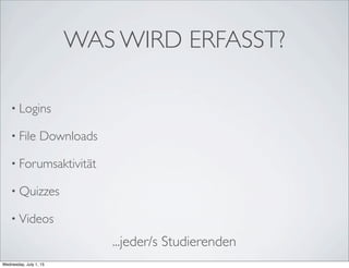 WAS WIRD ERFASST?
• Logins
• File Downloads
• Forumsaktivität
• Quizzes
• Videos
...jeder/s Studierenden
Wednesday, July 1, 15
 