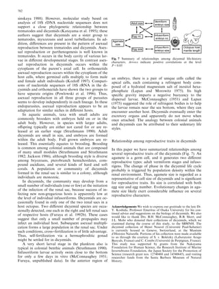 sinskaya 1988). However, molecular study based on
analysis of 18S rDNA nucleotide sequences does not
support a close phylogenetic relationship between
trematodes and dicyemids (Katayama et al. 1995); these
authors suggest that dicyemids are a sister group to
nematodes, myxozoans and acoel turbellarians. In ad-
dition, diﬀerences are present in the pattern of asexual
reproduction between trematodes and dicyemids. Asex-
ual reproduction or parthenogenesis is well known in
trematodes. It occurs in the body cavity of various lar-
vae in diﬀerent developmental stages. In contrast asex-
ual reproduction in dicyemids occurs within the
cytoplasm of the parent’s axial cell. In orthonectids
asexual reproduction occurs within the cytoplasm of the
host cells, where germinal cells multiply to form male
and female adult individuals (Kozloﬀ 1997). Compari-
sons of nucleotide sequences of 18S rRNA in the di-
cyemids and orthonectids have shown the two groups to
have separate origins (Powlowski et al. 1996). Thus,
asexual reproduction in all three groups of parasites
seems to develop independently in each lineage. In these
endoparasites, asexual reproduction appears to be an
adaptation for similar niches in diﬀerent hosts.
In aquatic animals, taxa with small adults are
commonly brooders with embryos held on or in the
adult body. However, in species with larger adults,
oﬀspring typically are either not cared for or are re-
leased at an earlier stage (Strathmann 1990). Adult
dicyemids are small in size, and embryos are formed
within the adult body. Full grown embryos are re-
leased. This essentially equates to brooding. Brooding
is common among colonial animals that are composed
of many small modules (Strathmann and Strathmann
1982; Jackson 1986), although brooding style is diverse
among bryozoans, pterobranch hemichordates, com-
pound ascidians, and several kinds of hard and soft
corals. A population or community of dicyemids
formed in the renal sac is similar to a colony, although
individuals are monozoic.
In dicyemids, the community may develop from a
small number of individuals (one or few) at the initiation
of the infection of the renal sac, because success of in-
fecting new non-gregarious hosts is apparently low at
the level of individual infusoriforms. Dicyemids are oc-
casionally found in only one of the two renal sacs in a
host octopus. Two diﬀerent dicyemid species are occa-
sionally detected, one each in the right and left renal sacs
of respective hosts (Furuya et al. 1992b). These cases
suggest that only a small number of propagules may
infect an individual host. Subsequent asexual multipli-
cation forms a large population in the renal sac. Under
such conditions, cross)fertilization is of little advantage.
Thus, self-fertilization via a hermaphroditic gonad
might be settled for in dicyemids.
A very short larval stage in the plankton also is
typical in colonial benthic animals (Strathmann 1990).
Infusoriform larvae actively swim close to the bottom
for only a few days in vitro (McConnaughey 1951;
Furuya, unpublished data). In the anterior region of
an embryo, there is a pair of unique cells called the
apical cells, each containing a refringent body com-
posed of a hydrated magnesium salt of inositol hexa-
phosphate (Lapan and Morowitz 1975). Its high
speciﬁc gravity imparts a negative buoyancy to the
dispersal larvae. McConnaughey (1951) and Lapan
(1975) suggested the role of refringent bodies is to help
the larvae remain near the sea bottom, where they can
encounter another host. Dicyemids eventually enter the
excretory organs and apparently do not move when
once attached. The analogy between colonial animals
and dicyemids can be attributed to their sedentary life
styles.
Relationship among reproductive traits in dicyemids
In this paper we have summarized relationships among
several reproductive traits of the dicyemids (Fig. 7). An
agamete is a germ cell, and it generates two diﬀerent
reproductive types: adult vermiform stages and infuso-
rigens. The change of phase in the dicyemid life cycle
probably is triggered by population density within the
renal environment. Thus, agamete size is regarded as a
representative of cell size of dicyemids and is signiﬁcant
for reproductive traits. Its size is correlated with both
egg size and egg number. Evolutionary changes in aga-
mete size likely exert considerable inﬂuence on several
reproductive characters.
Acknowledgements We wish to express our gratitude to the late Dr.
Y. Koshida, Professor Emeritus of Osaka University for his con-
tinual advice and suggestions on the biology of dicyemids. We also
would like to thank Drs. B.H. McConnaughey, R.B. Short, and
J.L. Mohr who donated their collections of dicyemids, which we
examined during the course of this study, to the SBMNH. The
dicyemid collection of Henri Nouvel (Universite´ Paul-Sabatier)
is currently housed in Geneve, Switzerland, at the Muse´ um
d’Histoire Naturelle. Portions of his collection were made available
to us through the courtesy of S. v. Boletzky (Laboratoire Arago
Banyuls, France) and C. Combs (Universite´ de Perpignan, France).
This study was supported by grants from the Nakayama
Foundation for Human Science, the Research Institute of Marine
Invertebrates Foundation, the Japan Society for the Promotion of
Science (research grant nos. 12740468 and 14540645), and visiting
researcher funds from the Santa Barbara Museum of Natural
History.
Fig. 7 Summary of relationships among dicyemid life-history
characters. Arrows indicate positive correlations at the level
P<0.05
702
 