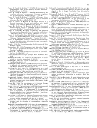 Furuya H, Tsuneki K, Koshida Y (1993) The development of the
hermaphroditic gonad in four species of dicyemid mesozoans.
Zool Sci (Tokyo) 10:455–466
Furuya H, Tsuneki K, Koshida Y (1994) The development of the
vermiform embryos of two mesozoans, Dicyema acuticephalum
and Dicyema japonicum. Zool Sci (Tokyo) 11:235–246
Furuya H, Tsuneki K, Koshida Y (1996) The cell lineages of two
types of embryo and a hermaphroditic gonad in dicyemid
mesozoans. Dev Growth Diﬀer 38:453–463
Furuya H, Tsuneki K, Koshida Y (1997) Fine structure of a
dicyemid mesozoan, Dicyema acuticephalum, with special
reference to cell junctions. J Morphol 231:297–305
Furuya H, Hochberg FG, Tsuneki K (2001) Developmental
patterns and cell lineages of vermiform embryos in dicyemid
mesozoans. Biol Bull (Woods Hole) 201:405–416
Furuya H, Damian RT, Hochberg FG (2002a) A new species of
Dicyema (phylum Dicyemida) from Octopus burryi (Mollusca:
Cephalopoda) in the Gulf of Mexico. J Parasitol 88:325–329
Furuya H, Hochberg FG, Short RB (2002b) Dicyemennea canad-
ensis n. sp. (phylum Dicyemida) from Bathypolypus arcticus
(Mollusca: Cephalopoda: Octopoda). J Parasitol 88:119–123
Furuya H, Hochberg FG, Tsuneki K (2003) Calotte morphology
in the phylum Dicyemida: niche separation and convergence.
J Zool (Lond) 259:(in press)
Gersch J (1938) Der Entwicklungszyklus der Dicyemiden. Z Wiss
Zool 151:515–605
Ginetsinskaya TA (1988) Trematodes: their life cycles, biology
and evolution (translation of original Russian edition, 1968).
Amerind, New Delhi
Godfray HCJ (1987) The evolution of clutch size in vertebrates.
Oxf Surv Evol Biol 4:117–154
Grell KG (1956) Protozoologie. Springer, Berlin Heidelberg New
York
Hochberg FG (1982) The "kidneys" of cephalopods: a unique
habitat for parasites. Malacologia 23:121–134
Hochberg FG (1983) The parasite of cephalopods: a review. Mem
Natl Mus Vict 44:109–145
Hochberg FG (1990) Diseases caused by protistans and mesozoans.
In: Kinne O (ed) Diseases of marine animals, vol III. Biologi-
sche Anstalt Helgoland, Hamburg, pp 47–202
Hochberg FG, Short RB (1970) Dicyemennea littlei sp. n. and
Dicyema benthoctopi sp. n.: dicyemid Mesozoa from Benthoc-
topus megellanicus. Trans Am Microsc Soc 89:216–224
Hochberg FG, Short RB (1983) Dicyemennea discocephala sp. n.
(Mesozoa: Dicyemidae) in a ﬁnned octopod from the Antarctic.
J Parasitol 69:963–966
Honzakova E, Olejincek J, Cerny V, Daniel M, Dusbabek F (1975)
Relationship between number of eggs deposited and body
weight of engorged Ixodes ricinus female. Folia Parasitol (Ceske
Budejovice) 22:37)43
Hyman LH (1940) The invertebrates, vol I. Protozoa through
Ctenophora. McGraw Hill, New York, pp 233–247
Hyman LH (1949) The invertebrates, vol II. Platyhelminthes and
Rhynchocoela. McGraw Hill, New York, pp 219–458
Iwuala MOE, Okapala I (1977) Egg output in the weights and
states of engorgement of Amblyomma variegatum (Fabr.) and
Boophilus annulatus (Say): (Ixodoidea: Ixodidae). Folia Parasi-
tol (Ceske Budejovice) 24:162–172
Jackson JBC (1986) Modes of dispersal of clonal benthic inverte-
brates: consequences for species distributions and genetic
structure of local populations. Bull Mar Sci 39:588–606
Jennings JB, Calow P (1975) The relationship between high
fecundity and the evolution of entoparasitism. Oecologia
21:109–115
Kalavati C, Narasimhamurti CC (1980) A new dicyemid mesozoan,
Dodecadicyema loligoi n. gen., n. sp. from the renal appendages
of Loligo sp. Proc Indian Acad Sci Anim Sci 89:287–292
Kalavati C, Narasimhamurti CC, Suseela T (1978) A new species of
Dicyemennea, D. coromandelensis n. sp. from Sepia elliptica
Hoyle. Proc Indian Acad Sci Anim Sci 87:161–167
Kalavati C, Narasimhamurti CC, Suseela T (1984) Four new spe-
cies of mesozoan parasites (Mesozoa: Dicyemidae) from ceph-
alopods of Bay of Bengal. Proc Indian Acad Sci Anim Sci
93:639–654
Katayama T, Wada H, Furuya H, Satoh N, Yamamoto M (1995)
Phylogenetic position of the dicyemid Mesozoa inferred from
18S rDNA sequences. Biol Bull (Woods Hole) 189:81–90
Kearn GC (1985) Observations on egg production in the
monogenean Entobdella soleae. Int J Parasitol 15:187–194
Kobayashi M, Furuya H, Holland WH (1999) Dicyemids are
higher animals. Nature 401:762
Kozloﬀ EN (1990) Invertebrates. Saunders, Philadelphia, pp 216–
220
Kozloﬀ EN (1997) Studies on the so-called plasmodium of Cilio-
cincta sabellariae (phylum Orthonectida), with notes on an
associated microsporan parasite. Cah Biol Mar 38:151–159
Lameere A (1918) Contributions a` la connaissance des Dicye´ mides.
Bull Biol Fr Belg 51:347–390
Lameere A (1922) L’histoire naturelle des Dicye´ mides. Bull Acad
Belg Cl Sci 8:779–792
Lapan EA (1975) Inositol polyphosphate deposits in the dense
bodies of mesozoan dispersal larvae. Exp Cell Res 83:143–151
Lapan EA, Morowitz HJ (1975) The dicyemid Mesozoa as an in-
tegrated system for morphogenetic studies. 1. Description,
isolation and maintenance. J Exp Zool 193:147–160
McConnaughey BH (1949) Mesozoa of the family Dicyemidae
from California. Univ Calif Publ Zool 55:1–34
McConnaughey BH (1951) The life cycle of the dicyemid Mesozoa.
Univ Calif Publ Zool 55:295–336
McConnaughey BH (1968) The Mesozoa. In: Florkin M, Scheer
BT (eds) Polifera, Coelenterata, and Platyhelminthes. Chemical
zoology, vol II. Academic Press, New York, pp 557–570
McConnaughey BH (1983) Mesozoa. In: Adiyodi KG, Adiyodi
RG (eds) Spermatogenesis and sperm function. Repro-
ductive biology of invertebrates, vol II. Wiley, New York,
pp 151–157
Mo¨ ssinger J, Wenk P (1986) Fecundity of Litomosoides carinii
(Nematoda, Filarioidea): ecological and phylogenetic inﬂuences.
Evolution 41:882–891
Nesis KN (1982) Cephalopods of the world. T.F.H. Publica-
tions,Neptune City, N.J.
Nouvel H (1932) Un Dicye´ mide nouveau de poulpe Dicyemennea
lameerei n. sp. Bull Soc Zool Fr 57:217–223
Nouvel H (1947) Les Dicye´ mides. 1re partie: syste´ matique, ge´ ne´ -
rations, vermiformes, infusorige` ne et sexualite´ . Arch Biol
58:59–220
Nouvel H (1948) Les Dicye´ mides. 2e´ partie: infusoriforme, te´ ra-
tologie, spe´ ciﬁcite´ du parasitisme, aﬃnite´ s. Arch Biol 59:147–
223
Penchaszadeh PE (1968) Dicie´ moidos (Mesozoa) en cefalopodos
de Argentina. Dicyema australis sp. nov. parasito del pulpo
Octopus tehuelchus D’Orb. Neotropica (la Plata) 14:127–131
Penchaszadeh PE (1969) Una nueva especie de Dicyemidae (Mes-
ozoa) parasito del pulpo Octopus tehuelchus D’Orb., Dicyema
platycephalum sp. nov. Neotropica (la Plata) 15:1–6
Penchaszadeh PE, Christiansen HE (1970) Conocyema marplatensis
sp. nov. (Mesozoa, Dicyemidae) parasito del pulpo Octopus
tehuelchus D’Orbigny. Neotropica (la Plata) 16:119–123
Poulin R (1995) Evolution of parasite life history traits: myths and
reality. Parasitol Today 11:342–345
Poulin R (1996) The evolution of life history strategies in parasitic
animals. Adv Parasitol 37:107–134
Powlowski J, Montoya-Burgos JI, Fahrni JF, West J, Zaninetti L
(1996) Origin of the Mesozoa inferred from 18S rRNA gene
sequences. Mol Biol Evol 13:1128–1132
Price PW (1974) Strategies for egg production. Evolution 28:76–84
Price PW (1977) General concepts on the evolutionary biology of
parasites. Evolution 31:405–420
Ridley RK (1968) Electron microscopic studies on dicyemid Mes-
ozoa. I. Vermiform stages. J Parasitol 54:975–998
705
 