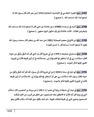 1659
5787
_
‫روي‬
‫إلمختإرة‬ ‫إألحإديث‬ ‫ي‬
‫ض‬ ‫ي‬
‫إلمقدخ‬ ‫إلضيإء‬
(
174
)
‫إل‬ ‫تل‬ ‫رسول‬ ‫قإل‬ ‫قإل‬ ‫عمر‬ ‫عن‬
‫تل‬ ‫مسإجد‬ ‫تل‬ ‫ؤمإء‬ ‫تمنعوإ‬
.
(
‫صحيح‬
)
5788
_
‫روي‬
‫مسنده‬ ‫ي‬
‫ض‬ ‫أحمد‬
(
37884
)
‫تل‬ ‫مسإجد‬ ‫تل‬ ‫ؤمإء‬ ‫تمنعوإ‬ ‫إل‬ ‫قإل‬ ‫ي‬
‫إلنب‬ ‫عن‬ ‫عإئشة‬ ‫عن‬
‫تفةلت‬ ‫وليخرجن‬
.
‫منعهن‬ ‫إليوم‬ ‫حإلهن‬ ‫أى‬‫ر‬ ‫ولو‬ ‫عإئشة‬ ‫قإلت‬
.
(
‫صحيح‬
)
5789
_
‫روي‬
‫إلصحإبة‬ ‫معجم‬ ‫ي‬
‫ض‬ ‫قإنع‬ ‫إبن‬
(
909
)
‫تل‬ ‫رسول‬ ‫سمعت‬ ‫قإل‬ ‫جعفر‬ ‫بن‬ ‫تل‬ ‫عبد‬ ‫عن‬
‫مسإجدكم‬ ‫إلنسإء‬ ‫تمنعوإ‬ ‫إل‬ ‫يقول‬
.
(
‫ه‬ ‫ر‬
‫لغي‬ ‫حسن‬
)
5790
_
‫روي‬
‫صحيحه‬ ‫ي‬
‫ض‬ ‫مسلم‬
(
979
)
‫حوله‬ ‫من‬ ‫وأبغ‬ ‫فبغ‬ ‫أمه‬ ‫قي‬ ‫ي‬
‫إلنب‬ ‫إر‬‫ز‬ ‫قإل‬ ‫هريرة‬ ‫ي‬
‫أب‬ ‫عن‬
‫فزوروإ‬ ‫ي‬
‫ؼ‬ ‫فأذن‬ ‫هإ‬‫قي‬ ‫أزور‬ ‫أن‬ ‫ي‬
‫ض‬ ‫وإستأذنته‬ ، ‫ي‬
‫ؼ‬ ‫يؤذن‬ ‫فلم‬ ‫لهإ‬ ‫أستغفر‬ ‫أن‬ ‫ي‬
‫ض‬ ‫ي‬
‫رب‬ ‫إستأذنت‬ ‫فقإل‬
‫إلموت‬ ‫تذكر‬ ‫فؤنهإ‬ ‫إلقبور‬
.
(
‫صحيح‬
)
5791
_
‫روي‬
‫سننه‬ ‫ي‬
‫ض‬ ‫دإود‬ ‫أبو‬
(
3234
)
‫من‬ ‫وأبغ‬ ‫فبغ‬ ‫أمه‬ ‫قي‬ ‫تل‬ ‫رسول‬
‫ى‬
‫أب‬ ‫قإل‬ ‫هريرة‬ ‫ي‬
‫أب‬ ‫عن‬
‫ي‬
‫ؼ‬ ‫يؤذن‬ ‫فلم‬ ‫لهإ‬ ‫أستغفر‬ ‫أن‬ ‫عىل‬ ‫ي‬
‫رب‬ ‫إستأذنت‬ ‫تل‬ ‫رسول‬ ‫فقإل‬ ‫حوله‬
،
‫هإ‬‫قي‬ ‫أزور‬ ‫أن‬ ‫فإستأذنت‬
‫بإلموت‬ ‫تذكر‬ ‫فؤنهإ‬ ‫إلقبور‬ ‫فزوروإ‬ ‫ي‬
‫ؼ‬ ‫فأذن‬
.
(
‫صحيح‬
)
5792
_
‫روي‬
‫حنيفة‬ ‫ي‬
‫أب‬ ‫ميند‬ ‫ي‬
‫ض‬
(
‫نعيم‬ ‫ي‬
‫أب‬ ‫روإية‬
/
1
/
149
)
‫إستأذن‬ ‫قإل‬ ‫إلحصيب‬ ‫بن‬ ‫بريدة‬ ‫عن‬
‫فمكث‬ ‫إلقي‬ ‫من‬ ‫قريب‬ ‫ؤؼ‬ ‫إنتىه‬ ‫ى‬
‫حب‬ ‫إلمسلمون‬ ‫معه‬ ‫فإنطلق‬ ‫له‬ ‫فأذن‬ ‫أمه‬ ‫قي‬ ‫زيإرة‬ ‫ي‬
‫ض‬ ‫ي‬
‫إلنب‬
‫وهو‬ ‫فأقبل‬ ‫سكت‬ ‫أنه‬ ‫ظننإ‬ ‫ى‬
‫حب‬ ‫بكإؤه‬ ‫إشتد‬ ‫ثم‬ ، ‫طويةل‬ ‫فمكث‬ ‫هإ‬‫قي‬ ‫ؤؼ‬ ‫ي‬
‫إلنب‬ ‫ومر‬ ‫إلمسلمون‬
 