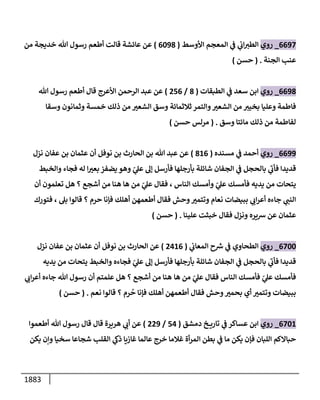 1883
6697
_
‫روي‬
‫إألوسط‬ ‫إلمعجم‬ ‫ي‬
‫ض‬ ‫ي‬
‫إب‬‫إلطي‬
(
6098
)
‫من‬ ‫خديجة‬ ‫تل‬ ‫رسول‬ ‫أطعم‬ ‫قإلت‬ ‫عإئشة‬ ‫عن‬
‫إلجنة‬ ‫عنب‬
.
(
‫حسن‬
)
6698
_
‫روي‬
‫إلطبقإت‬ ‫ي‬
‫ض‬ ‫سعد‬ ‫إبن‬
(
8
/
256
)
‫إألعرج‬ ‫إلرحمن‬ ‫عبد‬ ‫عن‬
‫قإل‬
‫تل‬ ‫رسول‬ ‫أطعم‬
‫وسقإ‬ ‫وثمإنون‬ ‫خمسة‬ ‫ذلك‬ ‫من‬ ‫ر‬
‫إلشعي‬ ‫وسق‬ ‫ثةلثمإئة‬ ‫وإلتمر‬ ‫ر‬
‫إلشعي‬ ‫من‬ ‫بخيي‬ ‫وعليإ‬ ‫فإطمة‬
‫وسق‬ ‫مإئتإ‬ ‫ذلك‬ ‫من‬ ‫لفإطمة‬
.
(
‫حسن‬ ‫مرلس‬
)
6699
_
‫روي‬
‫مسنده‬ ‫ي‬
‫ض‬ ‫أحمد‬
(
816
)
‫نزل‬ ‫عفإن‬ ‫بن‬ ‫عثمإن‬ ‫أن‬ ‫نوفل‬ ‫بن‬ ‫إلحإرث‬ ‫بن‬ ‫تل‬ ‫عبد‬ ‫عن‬
‫وإلخبط‬ ‫فجإء‬ ‫له‬ ‫إ‬ ‫ر‬
‫بعي‬ ‫يضفز‬ ‫وهو‬ ّ
‫ي‬
‫عىل‬ ‫ؤؼ‬ ‫فأرسل‬ ‫بأرجلهإ‬ ‫شإئلة‬ ‫إلجفإن‬ ‫ي‬
‫ض‬ ‫بإلحجل‬ ‫ي‬
‫ى‬
‫فأب‬ ‫قديدإ‬
‫أن‬ ‫تعلمون‬ ‫هل‬ ‫؟‬ ‫أشجع‬ ‫من‬ ‫هنإ‬ ‫هإ‬ ‫من‬ ّ
‫ي‬
‫عىل‬ ‫فقإل‬ ، ‫إلنإس‬ ‫وأمسك‬ ّ
‫ي‬
‫عىل‬ ‫فأمسك‬ ‫يديه‬ ‫من‬ ‫يتحإت‬
‫فتورك‬ ، ‫بىل‬ ‫قإلوإ‬ ‫؟‬ ‫حرم‬ ‫فؤنإ‬ ‫أهلك‬ ‫أطعمهن‬ ‫فقإل‬ ‫وحش‬ ‫ر‬
‫وتتمي‬ ‫نعإم‬ ‫ببيضإت‬ ‫ي‬
‫إب‬‫ر‬‫أع‬ ‫جإءه‬ ‫ي‬
‫إلنب‬
‫علينإ‬ ‫خبثت‬ ‫فقإل‬ ‫ونزل‬ ‫شيره‬ ‫عن‬ ‫عثمإن‬
.
(
‫حسن‬
)
6700
_
‫روي‬
‫ي‬
‫إلمعإب‬ ‫ح‬‫ش‬ ‫ي‬
‫ض‬ ‫إلطحإوي‬
(
2416
)
‫نزل‬ ‫عفإن‬ ‫بن‬ ‫عثمإن‬ ‫أن‬ ‫نوفل‬ ‫بن‬ ‫إلحإرث‬ ‫عن‬
‫يديه‬ ‫من‬ ‫يتحإت‬ ‫وإلخبط‬ ‫فجإءه‬ ّ
‫ي‬
‫عىل‬ ‫ؤؼ‬ ‫فأرسل‬ ‫بأرجلهإ‬ ‫شإئلة‬ ‫إلجفإن‬ ‫ي‬
‫ض‬ ‫بإلحجل‬ ‫ي‬
‫ى‬
‫فأب‬ ‫قديدإ‬
‫هإ‬ ‫من‬ ّ
‫ي‬
‫عىل‬ ‫فقإل‬ ‫إلنإس‬ ‫فأمسك‬ ّ
‫ي‬
‫عىل‬ ‫فأمسك‬
‫ي‬
‫إب‬‫ر‬‫أع‬ ‫جإءه‬ ‫تل‬ ‫رسول‬ ‫أن‬ ‫علمتم‬ ‫هل‬ ‫؟‬ ‫أشجع‬ ‫من‬ ‫هنإ‬
‫نعم‬ ‫قإلوإ‬ ‫؟‬ ‫رم‬
ُ
‫ح‬ ‫فؤنإ‬ ‫أهلك‬ ‫أطعمهن‬ ‫فقإل‬ ‫وحش‬ ‫ر‬
‫بحمي‬ ‫أي‬ ‫ر‬
‫وتتمي‬ ‫ببيضإت‬
.
(
‫حسن‬
)
6701
_
‫روي‬
‫دمشق‬ ‫خ‬ ‫تإري‬ ‫ي‬
‫ض‬ ‫عسإكر‬ ‫إبن‬
(
54
/
229
)
‫أطعموإ‬ ‫تل‬ ‫رسول‬ ‫قإل‬ ‫قإل‬ ‫هريرة‬ ‫ي‬
‫أب‬ ‫عن‬
‫يكن‬ ‫وإن‬ ‫سخيإ‬ ‫شجإعإ‬ ‫إلقلب‬ ‫ي‬
‫ذظ‬ ‫غإزيإ‬ ‫عإلمإ‬ ‫خرج‬ ‫غةلمإ‬ ‫أة‬‫ر‬‫إلم‬ ‫بطن‬ ‫ي‬
‫ض‬ ‫مإ‬ ‫يكن‬ ‫فؤن‬ ‫إللبإن‬ ‫حبإإلكم‬
 
