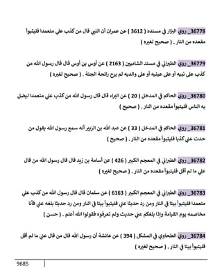 9685
36778
_
‫روي‬
‫مسنده‬ ‫ي‬
‫ف‬ ‫إر‬‫إلت‬
(
3612
)
‫فليتبوأ‬ ‫متعمدإ‬ ‫ي‬
‫عل‬ ‫كذب‬‫من‬ ‫قإل‬ ‫ي‬
‫إلنب‬ ‫أن‬ ‫إن‬‫ر‬‫عم‬ ‫عن‬
‫إلنإر‬ ‫من‬ ‫مقعده‬
.
(
‫ه‬ ‫ر‬
‫لغت‬ ‫صحيح‬
)
36779
_
‫روي‬
‫ر‬
‫إلشإميي‬ ‫مسند‬ ‫ي‬
‫ف‬ ‫ي‬
‫إب‬‫إلطت‬
(
2163
)
‫من‬ ‫تل‬ ‫رسول‬ ‫قإل‬ ‫قإل‬ ‫أوس‬ ‫بن‬ ‫أوس‬ ‫عن‬
‫إلجنة‬ ‫إئحة‬‫ر‬ ‫يرح‬ ‫لم‬ ‫وإلديه‬ ‫عل‬‫أو‬ ‫عينيه‬ ‫عل‬‫أو‬ ‫نبيه‬ ‫عل‬ ‫كذب‬
.
(
‫ه‬ ‫ر‬
‫لغت‬ ‫صحيح‬
)
36780
_
‫روي‬
‫إلمدخل‬ ‫ي‬
‫ف‬ ‫إلحإكم‬
(
20
)
‫ليضل‬ ‫متعمدإ‬ ‫ي‬
‫عل‬ ‫كذب‬‫من‬ ‫تل‬ ‫رسول‬ ‫قإل‬ ‫قإل‬ ‫إء‬‫إلت‬ ‫عن‬
‫إلنإر‬ ‫من‬ ‫مقعده‬ ‫فليتبوأ‬ ‫إلنإس‬ ‫به‬
.
(
‫صحيح‬
)
36781
_
‫روي‬
‫إلمدخل‬ ‫ي‬
‫ف‬ ‫إلحإكم‬
(
33
)
‫من‬ ‫يقول‬ ‫تل‬ ‫رسول‬ ‫سمع‬ ‫أنه‬ ‫ر‬
‫إلزبت‬ ‫بن‬ ‫تل‬ ‫عبد‬ ‫عن‬
‫إلنإر‬ ‫من‬ ‫مقعده‬ ‫فليتبوأ‬ ‫كذبإ‬ ‫ي‬
‫عب‬ ‫حدث‬
.
(
‫صحيح‬
)
36782
_
‫روي‬
‫ر‬
‫إلكبت‬ ‫إلمعجم‬ ‫ي‬
‫ف‬ ‫ي‬
‫إب‬‫إلطت‬
(
426
)
‫قإل‬ ‫من‬ ‫تل‬ ‫رسول‬ ‫قإل‬ ‫قإل‬ ‫زيد‬ ‫بن‬ ‫أسإمة‬ ‫عن‬
‫إلنإر‬ ‫من‬ ‫مقعده‬ ‫فليتبوأ‬ ‫أقل‬ ‫لم‬ ‫مإ‬ ‫ي‬
‫عل‬
.
(
‫ه‬ ‫ر‬
‫لغت‬ ‫صحيح‬
)
36783
_
‫روي‬
‫ر‬
‫إلكبت‬ ‫إلمعجم‬ ‫ي‬
‫ف‬ ‫ي‬
‫إب‬‫إلطت‬
(
6163
)
‫ي‬
‫عل‬ ‫كذب‬‫من‬ ‫تل‬ ‫رسول‬ ‫قإل‬ ‫قإل‬ ‫سلمإن‬ ‫عن‬
‫فأنإ‬ ‫ي‬
‫عب‬ ‫بلغه‬ ‫حديثإ‬ ‫رد‬ ‫ومن‬‫إلنإر‬ ‫ي‬
‫ف‬ ‫بيتإ‬ ‫فليتبوأ‬ ‫ي‬
‫عب‬ ‫حديثإ‬ ‫رد‬ ‫ومن‬‫إلنإر‬ ‫ي‬
‫ف‬ ‫بيتإ‬ ‫فليتبوأ‬ ‫متعمدإ‬
‫أعلم‬ ‫تل‬ ‫فقولوإ‬ ‫تعرفوه‬ ‫ولم‬ ‫حديث‬ ‫ي‬
‫عب‬ ‫بلغكم‬ ‫وإذإ‬ ‫إلقيإمة‬ ‫يوم‬ ‫مخإصمه‬
.
(
‫حسن‬
)
36784
_
‫روي‬
‫إلمشكل‬ ‫ي‬
‫ف‬ ‫إلطحإوي‬
(
394
)
‫أقل‬ ‫لم‬ ‫مإ‬ ‫ي‬
‫عب‬ ‫قإل‬ ‫من‬ ‫قإل‬ ‫تل‬ ‫رسول‬ ‫أن‬ ‫عإئشة‬ ‫عن‬
‫إلنإر‬ ‫ي‬
‫ف‬ ‫بيتإ‬ ‫فليتبوأ‬
.
(
‫ه‬ ‫ر‬
‫لغت‬ ‫صحيح‬
)
 