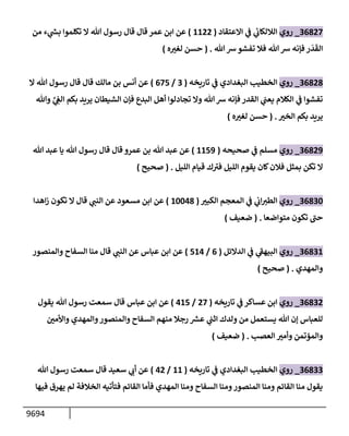 9694
36827
_
‫روي‬
‫إإلعتقإد‬ ‫ي‬
‫ف‬ ‫ي‬
‫إلةللكإب‬
(
1122
)
‫من‬ ‫ء‬ ‫ي‬
‫ر‬
‫بش‬ ‫تكلموإ‬ ‫إل‬ ‫تل‬ ‫رسول‬ ‫قإل‬ ‫قإل‬ ‫عمر‬ ‫إبن‬ ‫عن‬
‫تل‬ ‫رس‬‫تفشو‬ ‫فةل‬ ‫تل‬ ‫رس‬ ‫فؤنه‬ ‫ر‬
َ
‫د‬
َ
‫إلق‬
( .
‫ه‬ ‫ر‬
‫لغت‬ ‫حسن‬
)
36828
_
‫روي‬
‫تإريخه‬ ‫ي‬
‫ف‬ ‫إلبغدإدي‬ ‫إلخطيب‬
(
3
/
675
)
‫إل‬ ‫تل‬ ‫رسول‬ ‫قإل‬ ‫قإل‬ ‫مإلك‬ ‫بن‬ ‫أنس‬ ‫عن‬
‫وتل‬ َّ
‫ي‬ ِ
‫إلىع‬ ‫بكم‬ ‫يريد‬ ‫إلشيطإن‬ ‫فؤن‬ ‫إلبدع‬ ‫أهل‬ ‫تجإدلوإ‬ ‫وإل‬ ‫تل‬‫رس‬ ‫فؤنه‬ ‫إلقدر‬ ‫ي‬
‫يعب‬ ‫إلكةلم‬ ‫ي‬
‫ف‬ ‫تفشوإ‬
‫ر‬
‫إلخت‬ ‫بكم‬ ‫يريد‬
.
(
‫ه‬ ‫ر‬
‫لغت‬ ‫حسن‬
)
36829
_
‫روي‬
‫صحيحه‬ ‫ي‬
‫ف‬ ‫مسلم‬
(
1159
)
‫تل‬ ‫عبد‬ ‫يإ‬ ‫تل‬ ‫رسول‬ ‫قإل‬ ‫قإل‬ ‫عمرو‬ ‫بن‬ ‫تل‬ ‫عبد‬ ‫عن‬
‫إلليل‬ ‫قيإم‬ ‫ك‬ ‫ر‬
‫فت‬ ‫إلليل‬ ‫يقوم‬ ‫كإن‬‫فةلن‬ ‫بمثل‬ ‫تكن‬ ‫إل‬
.
(
‫صحيح‬
)
36830
_
‫روي‬
‫ر‬
‫إلكبت‬ ‫إلمعجم‬ ‫ي‬
‫ف‬ ‫ي‬
‫إب‬‫إلطت‬
(
10048
)
‫مسعود‬ ‫إبن‬ ‫عن‬
‫إهدإ‬‫ز‬ ‫تكون‬ ‫إل‬ ‫قإل‬ ‫ي‬
‫إلنب‬ ‫عن‬
‫متوإضعإ‬ ‫تكون‬ ‫ر‬
‫حب‬
.
(
‫ضعيف‬
)
36831
_
‫روي‬
‫إلدإلئل‬ ‫ي‬
‫ف‬ ‫ي‬
‫ر‬
‫إلبيهق‬
(
6
/
514
)
‫وإلمنصور‬ ‫إلسفإح‬ ‫منإ‬ ‫قإل‬ ‫ي‬
‫إلنب‬ ‫عن‬ ‫عبإس‬ ‫إبن‬ ‫عن‬
‫وإلمهدي‬
.
(
‫صحيح‬
)
36832
_
‫روي‬
‫تإريخه‬ ‫ي‬
‫ف‬ ‫عسإكر‬ ‫إبن‬
(
27
/
415
)
‫عبإس‬ ‫إبن‬ ‫عن‬
‫قإل‬
‫يقول‬ ‫تل‬ ‫رسول‬ ‫سمعت‬
‫ر‬
‫وإألمي‬ ‫وإلمهدي‬‫وإلمنصور‬ ‫إلسفإح‬ ‫منهم‬ ‫رجةل‬ ‫ر‬
‫عش‬ ‫ي‬
‫إثب‬ ‫ولدك‬ ‫من‬ ‫يستعمل‬ ‫تل‬ ‫ؤن‬ ‫للعبإس‬
‫إلعصب‬ ‫ر‬
‫وأمت‬ ‫وإلمؤتمن‬
.
(
‫ضعيف‬
)
36833
_
‫روي‬
‫تإريخه‬ ‫ي‬
‫ف‬ ‫إلبغدإدي‬ ‫إلخطيب‬
(
11
/
42
)
‫تل‬ ‫رسول‬ ‫سمعت‬ ‫قإل‬ ‫سعيد‬ ‫ي‬
‫أب‬ ‫عن‬
‫فيهإ‬ ‫يهرق‬ ‫لم‬ ‫إلخةلفة‬ ‫فتأتيه‬ ‫إلقإئم‬ ‫فأمإ‬ ‫إلمهدي‬ ‫ومنإ‬ ‫إلسفإح‬ ‫ومنإ‬‫إلمنصور‬ ‫ومنإ‬ ‫إلقإئم‬ ‫منإ‬ ‫يقول‬
 