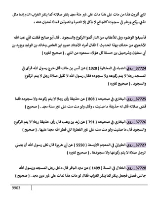 9903
‫مثل‬ ‫ؤنمإ‬ ‫إلدم‬ ‫إب‬‫ر‬‫إلغ‬ ‫ينقر‬ ‫كمإ‬‫صةلته‬ ‫ينقر‬ ‫دمحم‬ ‫ملة‬ ‫ر‬
‫غت‬ ‫عل‬ ‫مإت‬ ‫هذإ‬ ‫عل‬ ‫مإت‬ ‫من‬ ‫هذإ‬ ‫أترون‬ ‫ي‬
‫إلنب‬
، ‫عنه‬ ‫تغنيإن‬ ‫فمإذإ‬ ‫ر‬
‫وإلتمرتي‬ ‫إلتمرة‬ ‫ؤإل‬ ‫يأكل‬ ‫إل‬ ‫كإلجإئع‬‫سجوده‬ ‫ي‬
‫ف‬ ‫وينقر‬ ‫كع‬
‫ير‬ ‫إلذي‬
‫وإلسجود‬ ‫كوع‬
‫إلر‬ ‫أتموإ‬ ‫إلنإر‬ ‫من‬ ‫لالعقإب‬ ‫ويل‬ ‫إلوضوء‬ ‫فأسبغوإ‬
.
‫تل‬ ‫عبد‬ ‫ي‬
‫ألب‬ ‫فقلت‬ ‫صإلح‬ ‫أبو‬ ‫قإل‬
‫بن‬ ‫ويزيد‬ ‫إلوليد‬ ‫بن‬ ‫وخإلد‬ ‫إلعإص‬ ‫إبن‬ ‫عمرو‬ ‫إألجنإد‬ ‫إء‬‫ر‬‫أم‬ ‫فقإل‬ ‫؟‬ ‫إلحديث‬ ‫بهذإ‬ ‫حدثك‬ ‫من‬ ‫إألشعري‬
‫ي‬
‫إلنب‬ ‫من‬ ‫سمعوه‬ ‫هؤإلء‬ ‫كل‬‫حسنة‬ ‫بن‬ ‫حبيل‬ ‫ر‬
‫ورس‬ ‫سفيإن‬ ‫ي‬
‫أب‬
.
(
‫ه‬ ‫ر‬
‫لغت‬ ‫صحيح‬
)
37724
_
‫روي‬
‫إلمختإرة‬ ‫ي‬
‫ف‬ ‫إلضيإء‬
(
1928
)
‫ي‬
‫ف‬ ‫أى‬‫ر‬‫ف‬ ‫تل‬ ‫رسول‬ ‫خرج‬ ‫قإل‬ ‫مإلك‬ ‫بن‬ ‫أنس‬ ‫عن‬
‫كوع‬
‫إلر‬ ‫يتم‬ ‫إل‬ ‫رجل‬ ‫صةلة‬ ‫تقبل‬ ‫إل‬ ‫تل‬ ‫رسول‬ ‫فقإل‬ ‫سجوده‬ ‫وإل‬ ‫كوعه‬
‫ر‬ ‫يتم‬ ‫إل‬ ‫رجةل‬ ‫إلمسجد‬
‫وإلسجود‬
.
(
‫ه‬ ‫ر‬
‫لغت‬ ‫صحيح‬
)
37725
_
‫روي‬
‫صحيحه‬ ‫ي‬
‫ف‬ ‫إلبخإري‬
(
808
)
‫فلمإ‬ ‫سجوده‬ ‫وإل‬ ‫كوعه‬
‫ر‬ ‫يتم‬ ‫إل‬ ‫رجةل‬ ‫أى‬‫ر‬ ‫حذيفة‬ ‫عن‬
‫دمحم‬ ‫سنة‬ ‫ر‬
‫غت‬ ‫عل‬ ‫مت‬ ‫مت‬ ‫ولو‬ ‫وقإل‬ ، ‫صليت‬ ‫مإ‬ ‫حذيفة‬ ‫له‬ ‫قإل‬ ‫صةلته‬ ‫قض‬
.
(
‫صحيح‬
)
37726
_
‫روي‬
‫صحيحه‬ ‫ي‬
‫ف‬ ‫إلبخإري‬
(
791
)
‫كوع‬
‫إلر‬ ‫يتم‬ ‫إل‬ ‫رجةل‬ ‫حذيفة‬ ‫أى‬‫ر‬ ‫قإل‬ ‫وهب‬ ‫بن‬ ‫زيد‬ ‫عن‬
‫عليهإ‬ ‫دمحمإ‬ ‫تل‬‫فطر‬ ‫ي‬
‫ر‬
‫إلب‬ ‫إلفطرة‬ ‫ر‬
‫غت‬ ‫عل‬ ‫مت‬ ‫مت‬ ‫ولو‬ ‫صليت‬ ‫مإ‬ ‫قإل‬ ‫وإلسجود‬
.
(
‫صحيح‬
)
37727
_
‫روي‬
‫إألوسط‬ ‫إلمعجم‬ ‫ي‬
‫ف‬ ‫ي‬
‫إب‬‫إلطت‬
(
5550
)
‫ي‬
‫يصل‬ ‫أن‬ ‫تل‬ ‫رسول‬ ‫نه‬ ‫قإل‬ ‫هريرة‬ ‫ي‬
‫أب‬ ‫عن‬
‫سجودهإ‬ ‫وإل‬ ‫كوعهإ‬
‫ر‬ ‫يتم‬ ‫إل‬ ‫صةلة‬ ‫إلرجل‬
.
(
‫ه‬ ‫ر‬
‫لغت‬ ‫صحيح‬
)
37728
_
‫روي‬
‫إلسنة‬ ‫ي‬
‫ف‬ ‫إلخةلل‬
(
1409
)
‫إلبإقر‬ ‫دمحم‬ ‫عن‬
‫تل‬ ‫ورسول‬ ‫إلمسجد‬ ‫رجل‬ ‫دخل‬ ‫قإل‬
‫دمحم‬ ‫دين‬ ‫ر‬
‫غت‬ ‫عل‬ ‫لمإت‬ ‫هذإ‬ ‫مإت‬ ‫لو‬ ‫فقإل‬ ‫إب‬‫ر‬‫إلغ‬ ‫ينقر‬ ‫كمإ‬‫ينقر‬ ‫فجعل‬ ‫فصل‬ ‫جإلس‬
.
(
‫صحيح‬
)
 