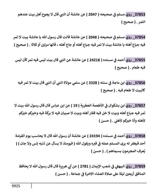 9925
37853
_
‫روي‬
‫صحيحه‬ ‫ي‬
‫ف‬ ‫مسلم‬
(
2047
)
‫عندهم‬ ‫بيت‬ ‫أهل‬ ‫يجوع‬ ‫إل‬ ‫قإل‬ ‫ي‬
‫إلنب‬ ‫أن‬ ‫عإئشة‬ ‫عن‬
‫إلتمر‬
.
(
‫صحيح‬
)
37854
_
‫روي‬
‫صحيحه‬ ‫ي‬
‫ف‬ ‫مسلم‬
(
2048
)
‫تمر‬ ‫إل‬ ‫بيت‬ ‫عإئشة‬ ‫يإ‬ ‫تل‬ ‫رسول‬ ‫قإل‬ ‫قإلت‬ ‫عإئشة‬ ‫عن‬
‫أهله‬ ‫جإع‬ ‫أو‬ ‫أهله‬ ‫جيإع‬ ‫فيه‬ ‫تمر‬ ‫إل‬ ‫بيت‬ ‫عإئشة‬ ‫يإ‬ ‫أهله‬ ‫جيإع‬ ‫فيه‬
،
‫ثةلثإ‬ ‫أو‬ ‫ر‬
‫مرتي‬ ‫قإلهإ‬
.
(
‫صحيح‬
)
37855
_
‫روي‬
‫مسنده‬ ‫ي‬
‫ف‬ ‫أحمد‬
(
24218
)
‫ليس‬ ‫كأن‬‫تمر‬ ‫فيه‬ ‫ليس‬ ‫بيت‬ ‫قإل‬ ‫ي‬
‫إلنب‬ ‫عن‬ ‫عإئشة‬ ‫عن‬
‫طعإم‬ ‫فيه‬
.
(
‫صحيح‬
)
37856
_
‫روي‬
‫سننه‬ ‫ي‬
‫ف‬ ‫مإجة‬ ‫إبن‬
(
3328
)
‫ي‬
‫إلنب‬ ‫موإلة‬ ‫ي‬
‫سلىم‬ ‫عن‬
‫فيه‬ ‫تمر‬ ‫إل‬ ‫بيت‬ ‫قإل‬ ‫ي‬
‫إلنب‬ ‫أن‬
‫فيه‬ ‫طعإم‬ ‫إل‬ ‫كإلبيت‬
.
(
‫صحيح‬
)
37857
_
‫روي‬
‫إلعطرية‬ ‫إألطعمة‬ ‫ي‬
‫ف‬ ‫بشكوإل‬ ‫إبن‬
(
19
)
‫إل‬ ‫بيت‬ ‫تل‬ ‫رسول‬ ‫قإل‬ ‫قإل‬ ‫عبإس‬ ‫إبن‬ ‫عن‬
‫كم‬ ‫ر‬
‫خت‬ ‫كم‬ ‫ر‬
‫وخت‬ ‫فيه‬ ‫كة‬
‫بر‬ ‫إل‬ ‫فيه‬ ‫صبيإن‬ ‫إل‬ ‫وبيت‬ ‫أهله‬ ‫قفإر‬ ‫فيه‬ ‫خل‬ ‫إل‬ ‫وبيت‬ ‫أهله‬ ‫جيإع‬ ‫فيه‬ ‫تمر‬
‫ي‬
‫ألهل‬ ‫كم‬ ‫ر‬
‫خت‬ ‫وأنإ‬ ‫ألهله‬
.
(
‫حسن‬
)
37858
_
‫روي‬
‫مسنده‬ ‫ي‬
‫ف‬ ‫أحمد‬
(
24194
)
‫إلقيإمة‬ ‫يوم‬ ‫يحإسب‬ ‫إل‬ ‫قإل‬ ‫تل‬ ‫رسول‬ ‫أن‬ ‫عإئشة‬ ‫عن‬
‫تل‬ ‫ويقول‬ ‫ه‬‫قت‬ ‫ي‬
‫ف‬ ‫عمله‬ ‫إلمسلم‬ ‫يرى‬ ‫له‬ ‫فيغفر‬ ‫أحد‬
(
‫جإن‬ ‫وإل‬ ‫ؤنس‬ ‫ذنبه‬ ‫عن‬ ‫يسأل‬ ‫إل‬ ‫فيومئذ‬
)
(
‫بسيمإهم‬ ‫إلمجرمون‬ ‫عرف‬
ُ
‫ي‬
)
.
(
‫حسن‬
)
37859
_
‫روي‬
‫إؤليمإن‬ ‫شعب‬ ‫ي‬
‫ف‬ ‫ي‬
‫ر‬
‫إلبيهق‬
(
2781
)
‫يحإفظ‬ ‫إل‬ ‫تل‬ ‫رسول‬ ‫قإل‬ ‫قإل‬ ‫هريرة‬ ‫ي‬
‫أب‬ ‫عن‬
‫جمإعة‬ ‫ي‬
‫ف‬ ‫إآلخرة‬ ‫إلعشإء‬ ‫صةلة‬ ‫عل‬ ‫ليلة‬ ‫ر‬
‫أربعي‬ ‫إلمنإفق‬
.
(
‫حسن‬
)
 