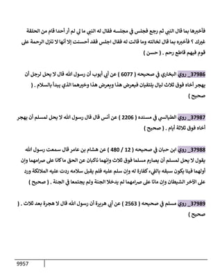 9957
‫إلحلقة‬ ‫من‬ ‫قإم‬ ‫أحدإ‬ ‫أر‬ ‫لم‬ ‫ي‬
‫ه‬ ‫مإ‬ ‫ي‬
‫إلنب‬ ‫له‬ ‫فقإل‬ ‫مجلسه‬ ‫ي‬
‫ف‬ ‫فجلس‬ ‫رجع‬ ‫ثم‬ ‫ي‬
‫إلنب‬ ‫قإل‬ ‫بمإ‬ ‫هإ‬‫فأخت‬
‫عل‬ ‫إلرحمة‬ ‫ل‬‫تت‬ ‫إل‬ ‫أنهإ‬ ‫ؤإل‬ ‫أحسنت‬ ‫فقد‬ ‫إجلس‬ ‫فقإل‬ ‫له‬ ‫قإلت‬ ‫ومإ‬ ‫لخإلته‬ ‫قإل‬ ‫بمإ‬ ‫ه‬‫فأخت‬ ‫؟‬ ‫ك‬ ‫ر‬
‫غت‬
‫رحم‬ ‫قإطع‬ ‫فيهم‬ ‫قوم‬
.
(
‫حسن‬
)
37986
_
‫روي‬
‫صحيحه‬ ‫ي‬
‫ف‬ ‫إلبخإري‬
(
6077
)
‫أن‬ ‫لرجل‬ ‫يحل‬ ‫إل‬ ‫قإل‬ ‫تل‬ ‫رسول‬ ‫أن‬ ‫أيوب‬ ‫ي‬
‫أب‬ ‫عن‬
‫بإلسةلم‬ ‫يبدأ‬ ‫إلذي‬ ‫همإ‬ ‫ر‬
‫وخت‬ ‫هذإ‬ ‫ويعرض‬ ‫هذإ‬ ‫فيعرض‬ ‫يلتقيإن‬ ‫ليإل‬ ‫ثةلث‬ ‫فوق‬ ‫أخإه‬ ‫يهجر‬
( .
‫صحيح‬
)
37987
_
‫روي‬
‫مسنده‬ ‫ي‬
‫ف‬ ‫ي‬
‫إلطيإلش‬
(
2206
)
‫يهجر‬ ‫أن‬ ‫لمسلم‬ ‫يحل‬ ‫إل‬ ‫تل‬ ‫رسول‬ ‫قإل‬ ‫قإل‬ ‫أنس‬ ‫عن‬
‫أيإم‬ ‫ثةلثة‬ ‫فوق‬ ‫أخإه‬
.
(
‫صحيح‬
)
37988
_
‫روي‬
‫صحيحه‬ ‫ي‬
‫ف‬ ‫حبإن‬ ‫إبن‬
(
12
/
480
)
‫تل‬ ‫رسول‬ ‫سمعت‬ ‫قإل‬ ‫عإمر‬ ‫بن‬ ‫هشإم‬ ‫عن‬
‫وإن‬ ‫إمهمإ‬‫ض‬ ‫عل‬ ‫كإنإ‬‫مإ‬ ‫إلحق‬ ‫عن‬ ‫نإكبإن‬ ‫وإنهمإ‬ ‫ثةلث‬ ‫فوق‬ ‫مسلمإ‬ ‫يصإرم‬ ‫أن‬ ‫لمسلم‬ ‫يحل‬ ‫إل‬ ‫يقول‬
‫ورد‬ ‫إلمةلئكة‬ ‫عليه‬ ‫ردت‬ ‫سةلمه‬ ‫يقبل‬ ‫فلم‬ ‫عليه‬ ‫سلم‬ ‫وإن‬ ‫له‬ ‫كفإرة‬‫ء‬ ‫ي‬
‫بإلق‬ ‫سبقه‬ ‫يكون‬ ‫فيئإ‬ ‫أولهمإ‬
‫إلجنة‬ ‫ي‬
‫ف‬ ‫يجتمعإ‬ ‫ولم‬ ‫إلجنة‬ ‫يدخةل‬ ‫لم‬ ‫إمهمإ‬‫ض‬ ‫عل‬ ‫مإتإ‬ ‫وإن‬ ‫إلشيطإن‬ ‫إآلخر‬ ‫عل‬
.
(
‫صحيح‬
)
37989
_
‫روي‬
‫صحيحه‬ ‫ي‬
‫ف‬ ‫مسلم‬
(
2563
)
‫ثةلث‬ ‫بعد‬ ‫هجرة‬ ‫إل‬ ‫قإل‬ ‫تل‬ ‫رسول‬ ‫أن‬ ‫هريرة‬ ‫ي‬
‫أب‬ ‫عن‬
( .
‫صحيح‬
)
 