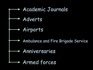 Academic Journals Adverts Airports Ambulance and Fire Brigade Service Anniversaries Armed forces 