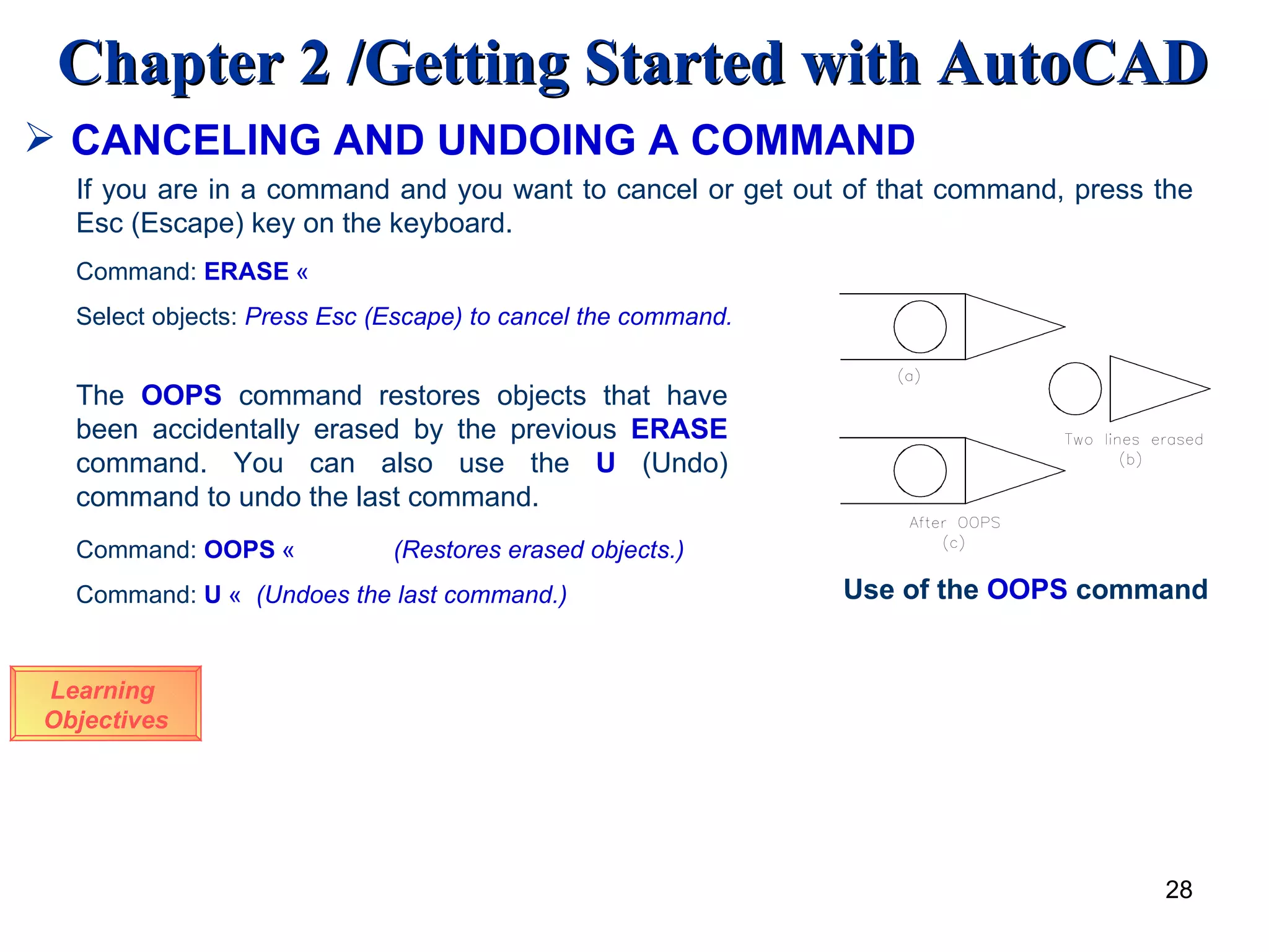 CANCELING AND UNDOING A COMMAND Learning  Objectives If you are in a command and you want to cancel or get out of that command, press the Esc (Escape) key on the keyboard. Command:  ERASE   « Select objects:  Press Esc (Escape) to cancel the command. The  OOPS  command restores objects that have been accidentally erased by the previous  ERASE  command. You can also use the  U  (Undo) command to undo the last command. Command:  OOPS   « (Restores erased objects.) Command:  U   «  (Undoes the last command.) Use of the  OOPS  command 