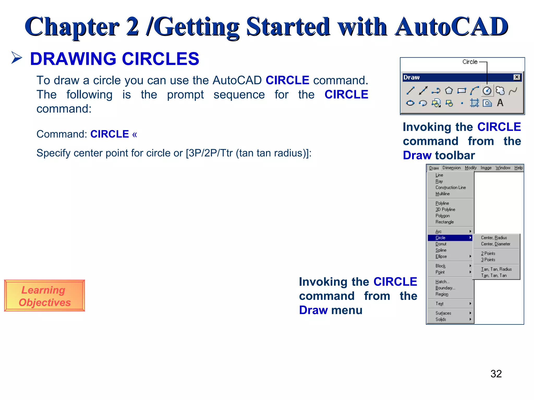 DRAWING CIRCLES Learning  Objectives Invoking the  CIRCLE  command from the  Draw  toolbar To draw a circle you can use the AutoCAD  CIRCLE  command. The following is the prompt sequence for the  CIRCLE   command: Command:  CIRCLE   « Specify center point for circle or [3P/2P/Ttr (tan tan radius)]: Invoking the  CIRCLE  command from the  Draw  menu 