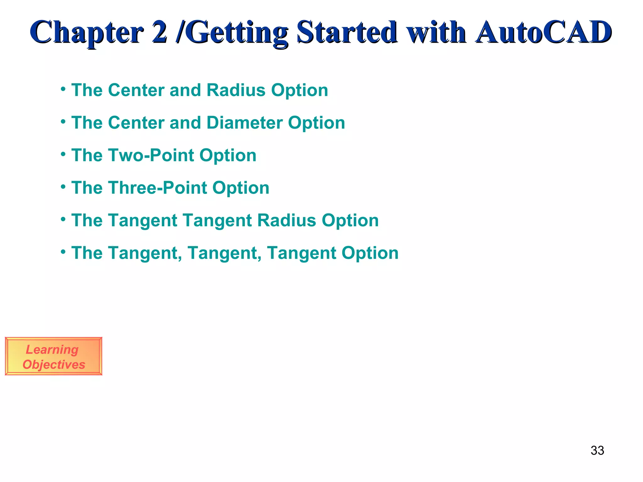 Learning  Objectives The Center and Radius Option The Center and Diameter Option The Two-Point Option The Three-Point Option The Tangent Tangent Radius Option The Tangent, Tangent, Tangent Option 