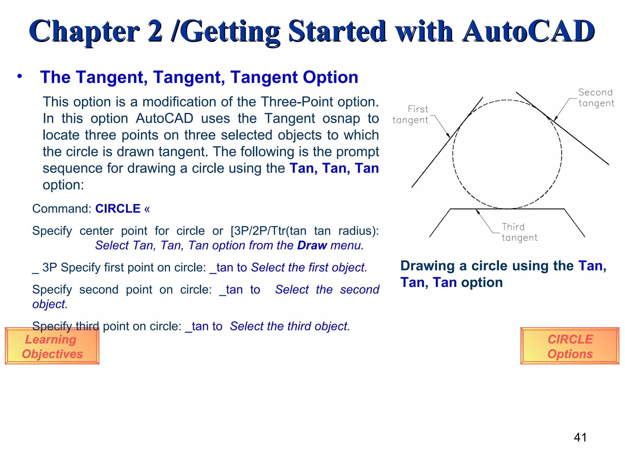 The Tangent, Tangent, Tangent Option Learning  Objectives This option is a modification of the Three-Point option. In this option AutoCAD uses the Tangent osnap to locate three points on three selected objects to which the circle is drawn tangent. The following is the prompt sequence for drawing a circle using the  Tan, Tan, Tan   option: Command:   CIRCLE   « Specify center point for circle or [3P/2P/Ttr(tan tan radius):  Select Tan, Tan, Tan option from the  Draw  menu. _ 3P Specify first point on circle:  _tan to  Select the first object. Specify second point on circle: _ tan to  Select the second object. Specify third point on circle:  _tan to  Select the third object. Drawing a circle using the  Tan ,  Tan ,  Tan  option CIRCLE Options 