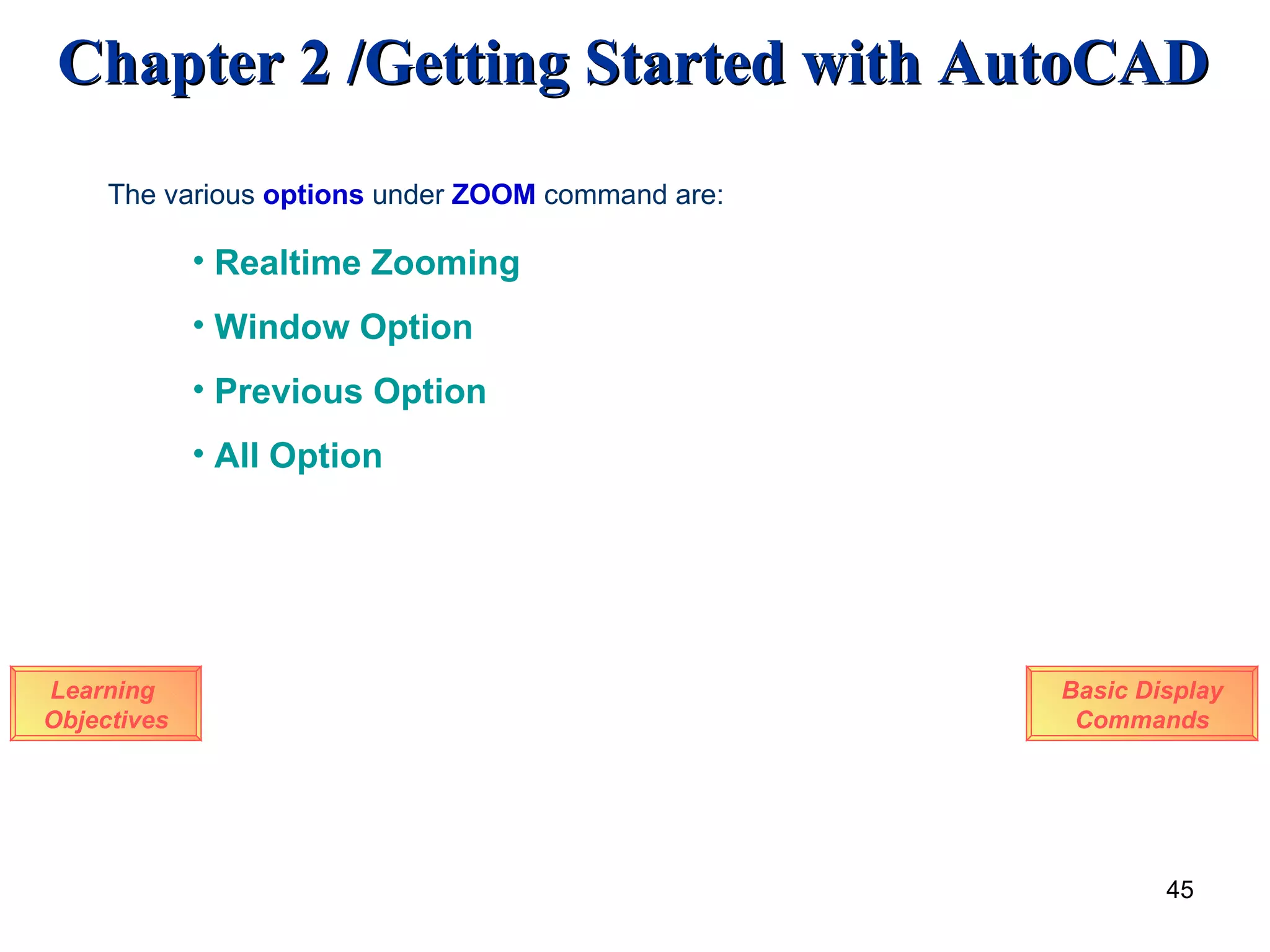 Learning  Objectives The various  options  under  ZOOM  command are: Realtime Zooming Window Option Previous Option All Option Basic Display Commands 