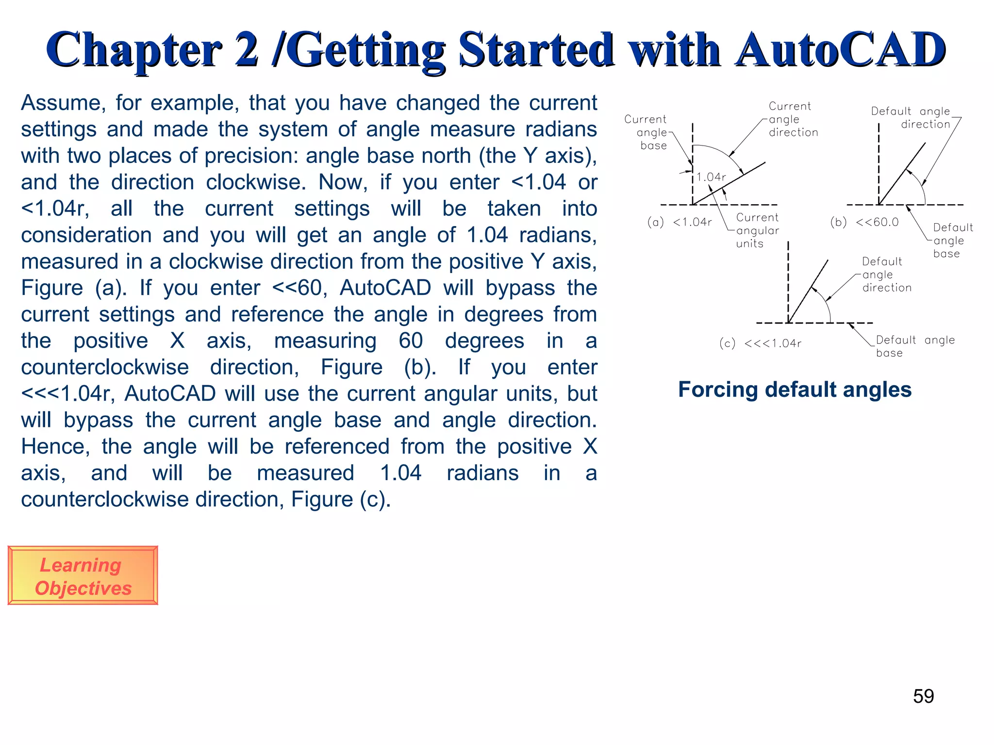 Learning  Objectives Assume, for example, that you have changed the current settings and made the system of angle measure radians with two places of precision: angle base north (the Y axis), and the direction clockwise. Now, if you enter <1.04 or <1.04r, all the current settings will be taken into consideration and you will get an angle of 1.04 radians, measured in a clockwise direction from the positive Y axis, Figure (a). If you enter <<60, AutoCAD will bypass the current settings and reference the angle in degrees from the positive X axis, measuring 60 degrees in a counterclockwise direction, Figure (b). If you enter <<<1.04r, AutoCAD will use the current angular units, but will bypass the current angle base and angle direction. Hence, the angle will be referenced from the positive X axis, and will be measured 1.04 radians in a counterclockwise direction, Figure (c). Forcing default angles 