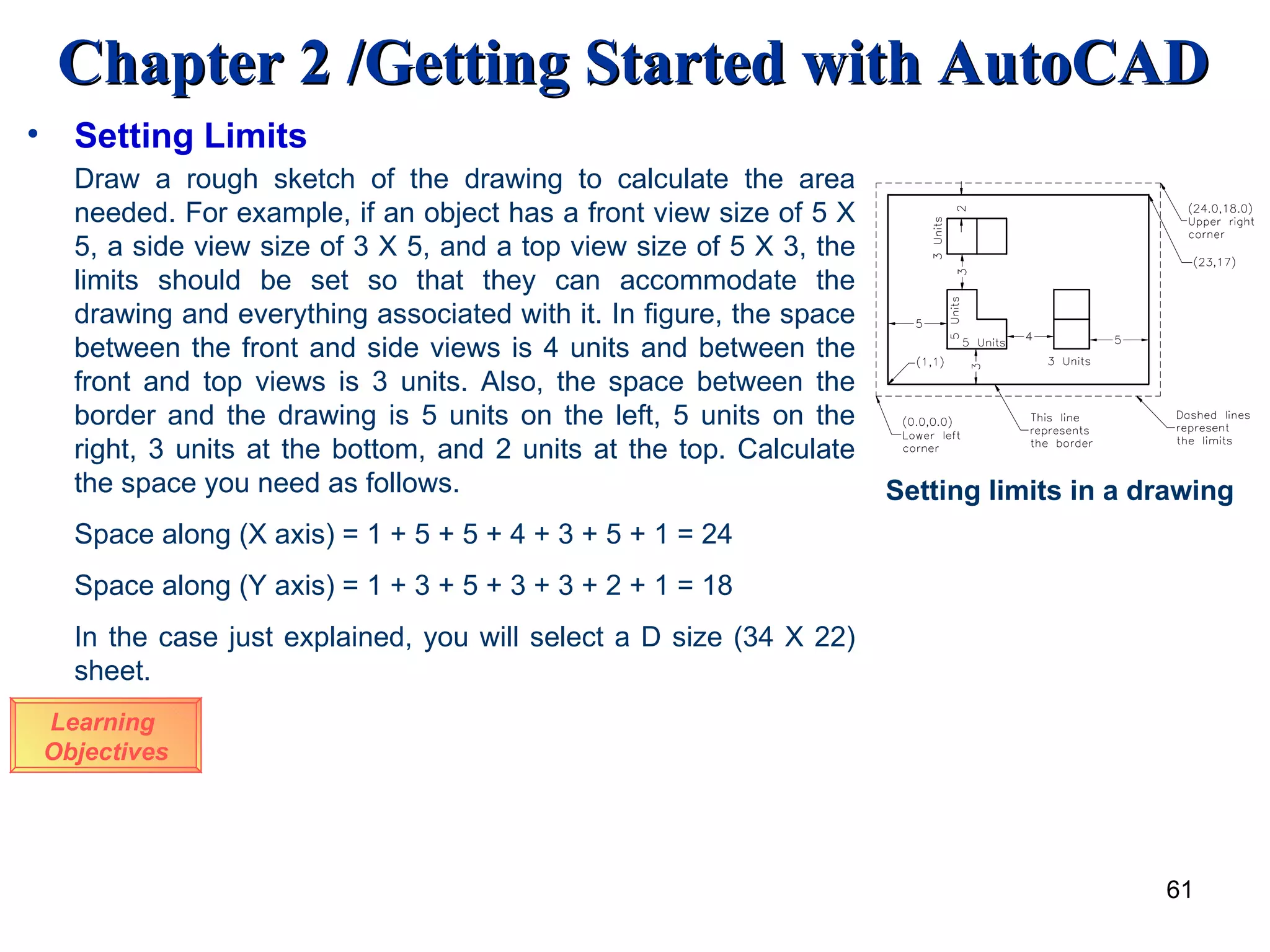 Setting Limits Learning  Objectives Draw a rough sketch of the drawing to calculate the area needed. For example, if an object has a front view size of 5 X 5, a side view size of 3 X 5, and a top view size of 5 X 3, the limits should be set so that they can accommodate the drawing and everything associated with it. In figure, the space between the front and side views is 4 units and between the front and top views is 3 units. Also, the space between the border and the drawing is 5 units on the left, 5 units on the right, 3 units at the bottom, and 2 units at the top. Calculate the space you need as follows. Space along (X axis) = 1 + 5 + 5 + 4 + 3 + 5 + 1 = 24 Space along (Y axis) = 1 + 3 + 5 + 3 + 3 + 2 + 1 = 18 In the case just explained, you will select a D size (34 X 22) sheet.  Setting limits in a drawing 