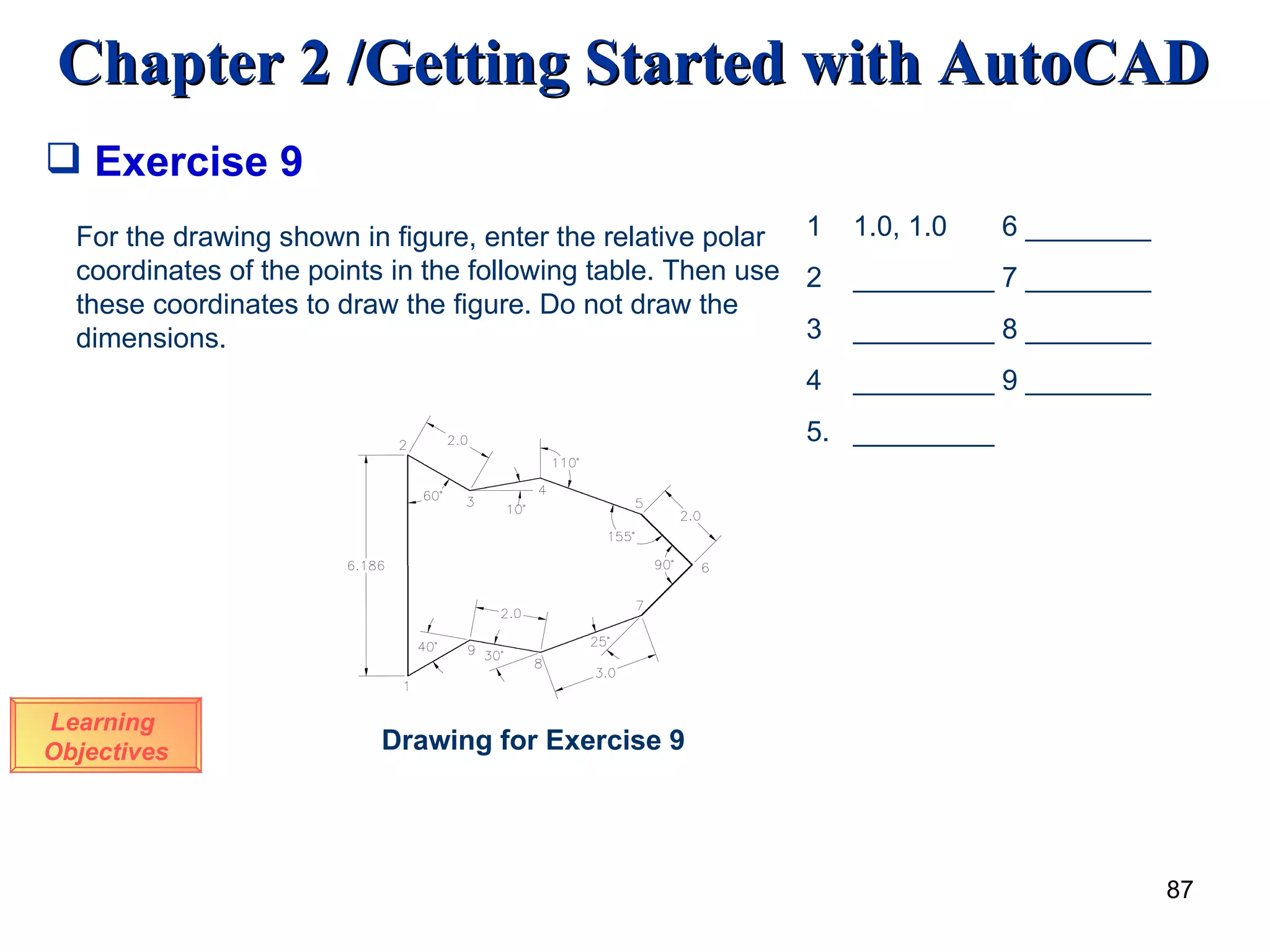 Learning  Objectives Exercise 9 Drawing for Exercise 9 For the drawing shown in figure, enter the relative polar coordinates of the points in the following table. Then use these coordinates to draw the figure. Do not draw the dimensions.  1  1.0, 1.0  6 ________ 2  _________ 7 ________ 3  _________ 8 ________ 4  _________ 9 ________ 5.  _________ 