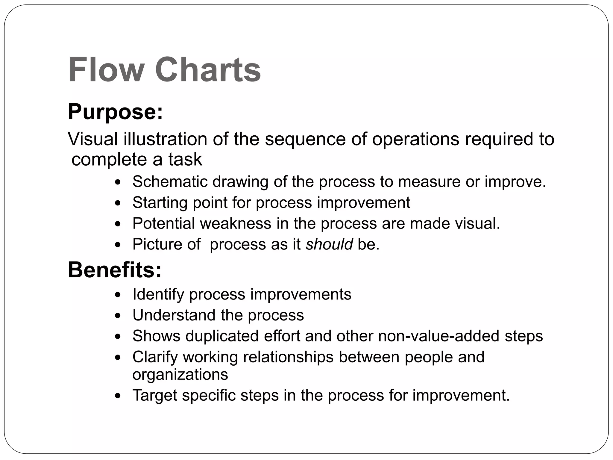 Flow Charts
Purpose:
Visual illustration of the sequence of operations required to
complete a task
 Schematic drawing of the process to measure or improve.
 Starting point for process improvement
 Potential weakness in the process are made visual.
 Picture of process as it should be.
Benefits:
 Identify process improvements
 Understand the process
 Shows duplicated effort and other non-value-added steps
 Clarify working relationships between people and
organizations
 Target specific steps in the process for improvement.
 