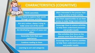 CHARACTERISTICS (COGNITIVE)
Think concretely
Allow them to explore their world
through various activities
Are very curious, always trying to
make sense out of the world
Are developing a sense of cause and
effect
Generalize from their own
experiences
Continue reading to them
Learning to sort and categorize
More interested in the process than
in the product of their activity
Give them opportunities to use their
senses to make things more concrete
Encourage them in science activities
to help them understand processes
and predict results
Plan activities that focus on the
process more than the product
Encourage them in science activities
to help them understand processes
and predict results.
 
