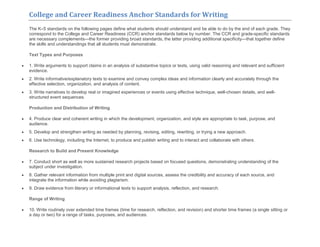 College and Career Readiness Anchor Standards for Writing
The K–5 standards on the following pages define what students should understand and be able to do by the end of each grade. They
correspond to the College and Career Readiness (CCR) anchor standards below by number. The CCR and grade-specific standards
are necessary complements—the former providing broad standards, the latter providing additional specificity—that together define
the skills and understandings that all students must demonstrate.
Text Types and Purposes
1. Write arguments to support claims in an analysis of substantive topics or texts, using valid reasoning and relevant and sufficient
evidence.
2. Write informative/explanatory texts to examine and convey complex ideas and information clearly and accurately through the
effective selection, organization, and analysis of content.
3. Write narratives to develop real or imagined experiences or events using effective technique, well-chosen details, and well-
structured event sequences.
Production and Distribution of Writing
4. Produce clear and coherent writing in which the development, organization, and style are appropriate to task, purpose, and
audience.
5. Develop and strengthen writing as needed by planning, revising, editing, rewriting, or trying a new approach.
6. Use technology, including the Internet, to produce and publish writing and to interact and collaborate with others.
Research to Build and Present Knowledge
7. Conduct short as well as more sustained research projects based on focused questions, demonstrating understanding of the
subject under investigation.
8. Gather relevant information from multiple print and digital sources, assess the credibility and accuracy of each source, and
integrate the information while avoiding plagiarism.
9. Draw evidence from literary or informational texts to support analysis, reflection, and research.
Range of Writing
10. Write routinely over extended time frames (time for research, reflection, and revision) and shorter time frames (a single sitting or
a day or two) for a range of tasks, purposes, and audiences.
 