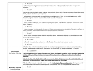 KS: 1.2.4
o f. Provide a concluding statement or section that follows from and supports the information or explanation
presented.
KS: 1.2.9
3. Write narratives to develop real or imagined experiences or events using effective technique, relevant descriptive
details, and well-structured event sequences.
o a. Engage and orient the reader by establishing a context and point of view and introducing a narrator and/or
characters; organize an event sequence that unfolds naturally and logically.
KS: 1.1.1
o b. Use narrative techniques, such as dialogue, pacing, description, and reflection, to develop experiences, events,
and/or characters.
KS: 1.1.14
o c. Use a variety of transition words, phrases, and clauses to convey sequence, signal shifts from one time frame or
setting to another, and show the relationships among experiences and events.
KS: 1.1.7
o d. Use precise words and phrases, relevant descriptive details, and sensory language to capture the action and
convey experiences and events.
KS: 1.1.8-10
o e. Provide a conclusion that follows from and reflects on the narrated experiences or events.
KS: 1.1.6
Production and
Distribution of Writing
4. Produce clear and coherent writing in which the development, organization, and style are appropriate to task,
purpose, and audience. (Grade-specific expectations for writing types are defined in standards 1–3 above.)
KS: 1.1/1.2/1.3/1.4
5. With some guidance and support from peers and adults, develop and strengthen writing as needed by planning,
revising, editing, rewriting, or trying a new approach, focusing on how well purpose and audience have been
addressed.
6. Use technology, including the Internet, to produce and publish writing and present the relationships between
information and ideas efficiently as well as to interact and collaborate with others.
Research to Build and
Present Knowledge
7. Conduct short research projects to answer a question (including a self-generated question), drawing on several
sources and generating additional related, focused questions that allow for multiple avenues of exploration.
KS: 1.3
 
