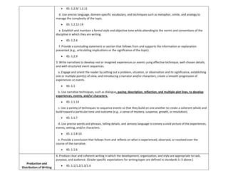 KS: 1.2.9/ 1.2.11
o d. Use precise language, domain-specific vocabulary, and techniques such as metaphor, simile, and analogy to
manage the complexity of the topic.
KS: 1.2.12-14
o e. Establish and maintain a formal style and objective tone while attending to the norms and conventions of the
discipline in which they are writing.
KS: 1.2.4
o f. Provide a concluding statement or section that follows from and supports the information or explanation
presented (e.g., articulating implications or the significance of the topic).
KS: 1.2.9
3. Write narratives to develop real or imagined experiences or events using effective technique, well-chosen details,
and well-structured event sequences.
o a. Engage and orient the reader by setting out a problem, situation, or observation and its significance, establishing
one or multiple point(s) of view, and introducing a narrator and/or characters; create a smooth progression of
experiences or events.
KS: 1.1
o b. Use narrative techniques, such as dialogue, pacing, description, reflection, and multiple plot lines, to develop
experiences, events, and/or characters.
KS: 1.1.14
o c. Use a variety of techniques to sequence events so that they build on one another to create a coherent whole and
build toward a particular tone and outcome (e.g., a sense of mystery, suspense, growth, or resolution).
KS: 1.1.7
o d. Use precise words and phrases, telling details, and sensory language to convey a vivid picture of the experiences,
events, setting, and/or characters.
KS: 1.1.8-10
o e. Provide a conclusion that follows from and reflects on what is experienced, observed, or resolved over the
course of the narrative.
KS: 1.1.6
Production and
Distribution of Writing
4. Produce clear and coherent writing in which the development, organization, and style are appropriate to task,
purpose, and audience. (Grade-specific expectations for writing types are defined in standards 1–3 above.)
KS: 1.1/1.2/1.3/1.4
 