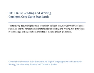 2010 K-12 Reading and Writing
Common Core State Standards
The following document provides a correlation between the 2010 Common Core State
Standards and the Kansas Curricular Standards for Reading and Writing. Key differences
in terminology and expectations are listed at the end of each grade level.
Content from Common State Standards for English Language Arts and Literacy in
History/Social Studies, Science, and Technical Studies
 