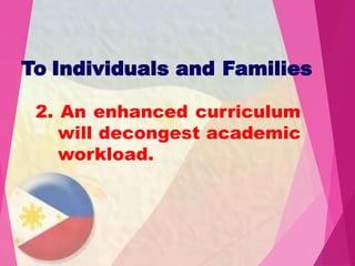 2. An enhanced curriculum
will decongest academic
workload.
To Individuals and Families
 
