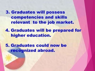 4. Graduates will be prepared for
higher education.
5. Graduates could now be
recognized abroad.
3. Graduates will possess
competencies and skills
relevant to the job market.
 