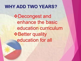 WHY ADD TWO YEARS?
Decongest and
enhance the basic
education curriculum
Better quality
education for all
 