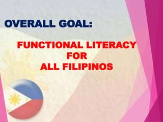 OVERALL GOAL:
FUNCTIONAL LITERACY
FOR
ALL FILIPINOS
 