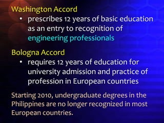 Washington Accord
• prescribes 12 years of basic education
as an entry to recognition of
engineering professionals
Bologna Accord
• requires 12 years of education for
university admission and practice of
profession in European countries
Starting 2010, undergraduate degrees in the
Philippines are no longer recognized in most
European countries.
 