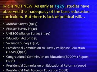K-12 is NOT NEW! As early as 1925, studies have
observed the inadequacy of the basic education
curriculum. But there is lack of political will…
• Monroe Survey (1925)
• Prosser Survey (1930)
• UNESCO Mission Survey (1949)
• Education Act of 1953
• Swanson Survey (1960)
• Presidential Commission to Survey Philippine Education
(PCSPE)(1970)
• Congressional Commission on Education (EDCOM) Report
(1991)
• Presidential Commission on Educational Reforms (2000)
• Presidential Task Force on Education (2008)
 