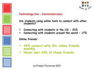 (c) Project Tomorrow 2007
Technology Use – Connected-ness
Are students using online tools to connect with other
students?
 Connecting with students in the US - 23%
 Connecting with students around the world - 17%
Online friends:
 44% connect with 20+ online friends
monthly
 Never met 34% of those friends
 