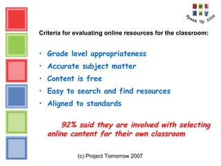 (c) Project Tomorrow 2007
Criteria for evaluating online resources for the classroom:
• Grade level appropriateness
• Accurate subject matter
• Content is free
• Easy to search and find resources
• Aligned to standards
92% said they are involved with selecting
online content for their own classroom
 