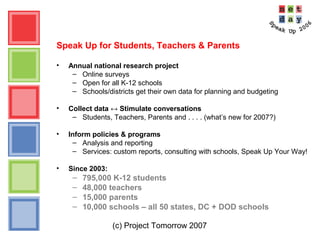 (c) Project Tomorrow 2007
Speak Up for Students, Teachers & Parents
• Annual national research project
– Online surveys
– Open for all K-12 schools
– Schools/districts get their own data for planning and budgeting
• Collect data ↔ Stimulate conversations
– Students, Teachers, Parents and . . . . (what’s new for 2007?)
• Inform policies & programs
– Analysis and reporting
– Services: custom reports, consulting with schools, Speak Up Your Way!
• Since 2003:
– 795,000 K-12 students
– 48,000 teachers
– 15,000 parents
– 10,000 schools – all 50 states, DC + DOD schools
 