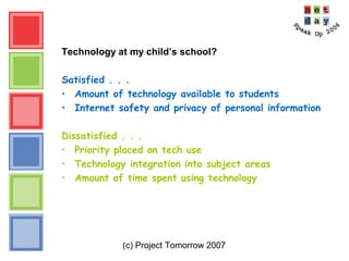 (c) Project Tomorrow 2007
Technology at my child’s school?
Satisfied . . .
• Amount of technology available to students
• Internet safety and privacy of personal information
Dissatisfied . . .
• Priority placed on tech use
• Technology integration into subject areas
• Amount of time spent using technology
 