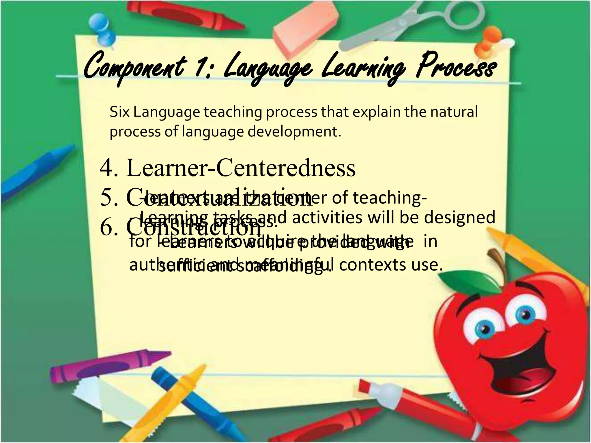 Component 1: Language Learning Process
Six Language teaching process that explain the natural
process of language development.
4. Learner-Centeredness
-learners are the center of teaching-
learning process.
5. Contextualization
- Learning tasks and activities will be designed
for learners to acquire the language in
authentic and meaningful contexts use.
6. Construction- Learners will be provided with
sufficient scaffolding .
 