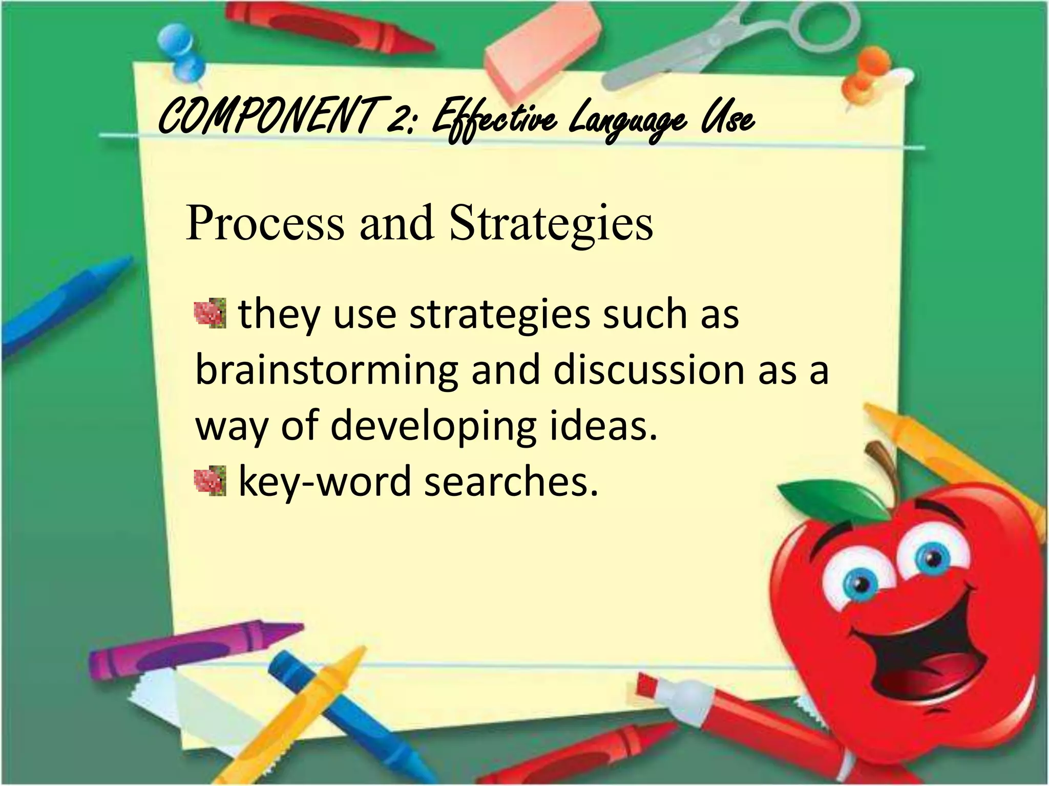 COMPONENT 2: Effective Language Use
Process and Strategies
they use strategies such as
brainstorming and discussion as a
way of developing ideas.
key-word searches.
 