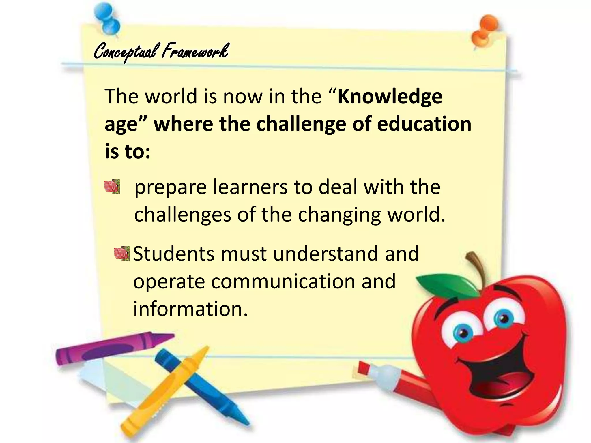 The world is now in the “Knowledge
age” where the challenge of education
is to:
Conceptual Framework
prepare learners to deal with the
challenges of the changing world.
Students must understand and
operate communication and
information.
 