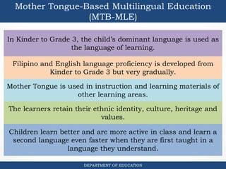 In Kinder to Grade 3, the child’s dominant language is used as
the language of learning.
Mother Tongue-Based Multilingual Education
(MTB-MLE)
DEPARTMENT OF EDUCATION
The learners retain their ethnic identity, culture, heritage and
values.
Children learn better and are more active in class and learn a
second language even faster when they are first taught in a
language they understand.
Filipino and English language proficiency is developed from
Kinder to Grade 3 but very gradually.
Mother Tongue is used in instruction and learning materials of
other learning areas.
 