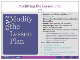 Modifying the Lesson PlanStep2
Modify
the
Lesson
Plan
 For criteria guidelines, click on ESOL
Modifications
 Include the following information about the
Lesson Plan:
 Grade: What grade/s is this lesson for?
 Lesson Topic: What is the subject of the
lesson? What will be taught?
 Materials: What materials are needed in order to
teach the lesson?
 Additional Materials: Since your ELLs may be
unable to perform the same type and/or level of tasks
as the other members of the class, you will need to
indicate what additional materials you will need to
enhance your instruction for them.
Then, follow the 3 steps below
1. Modify the objectives
2. Identify the Florida Sunshine State
Standards
3. Describe procedures in detail, including
ESOL modifications
E X I T
B A C K T O
S T E P S
 